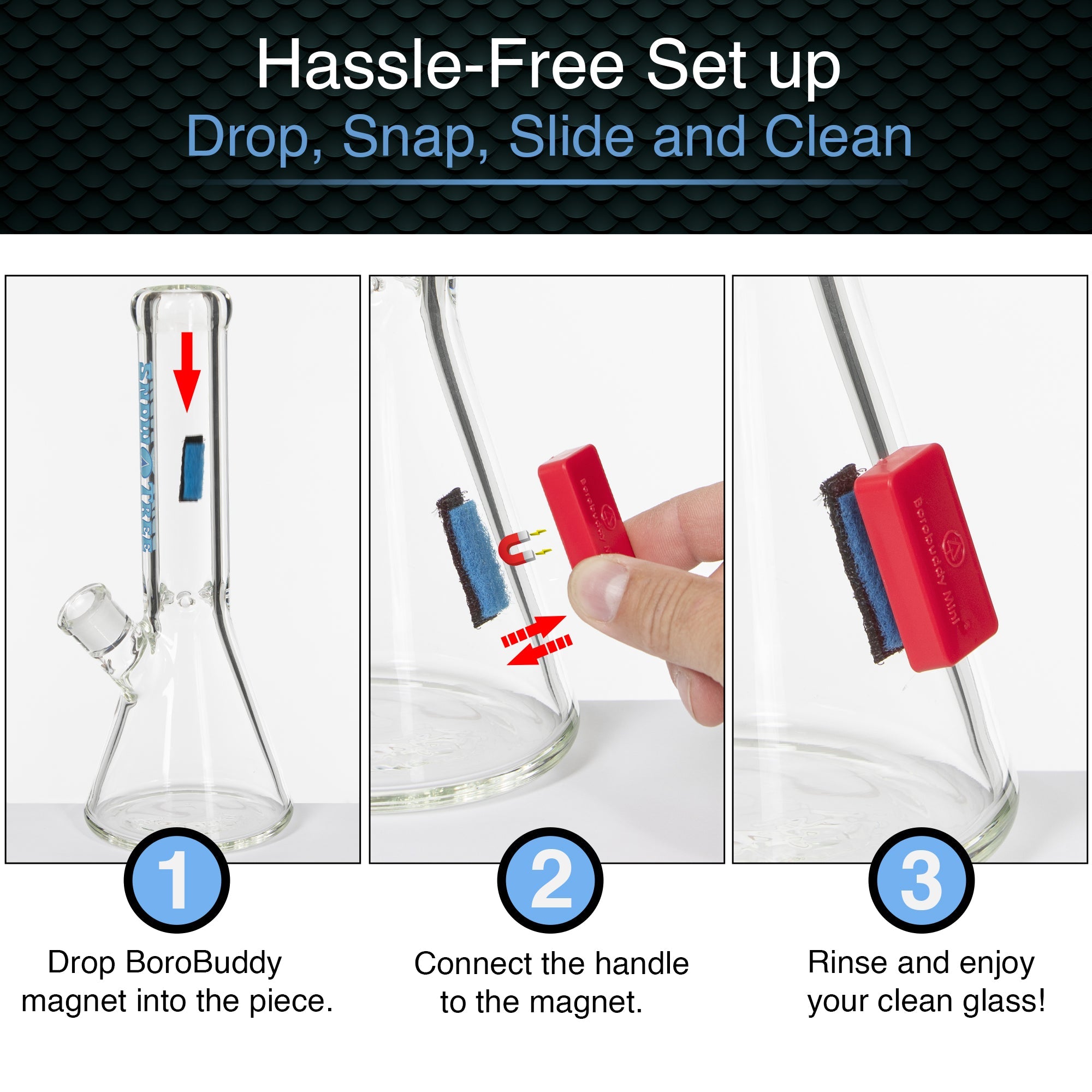 Instructional images demonstrating how to use a magnetic cleaning tool ("BoroBuddy") inside a glass bong or water pipe, showing steps to drop, connect, and rinse for cleaning.