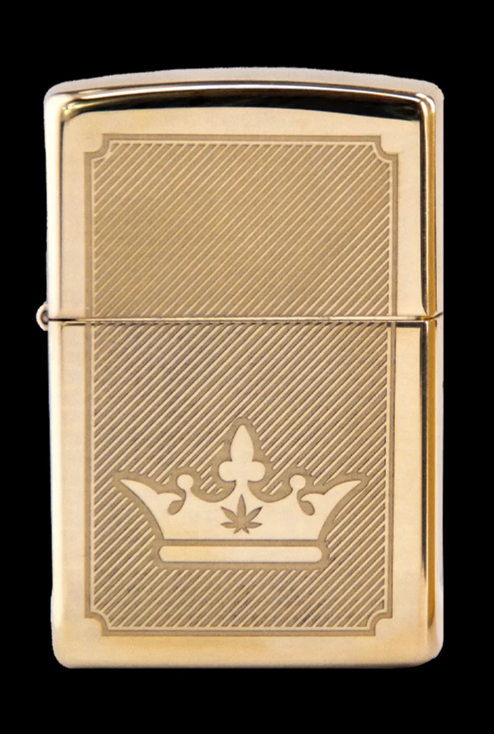 Gold Zippo-style lighter engraved with a crown and cannabis leaf.