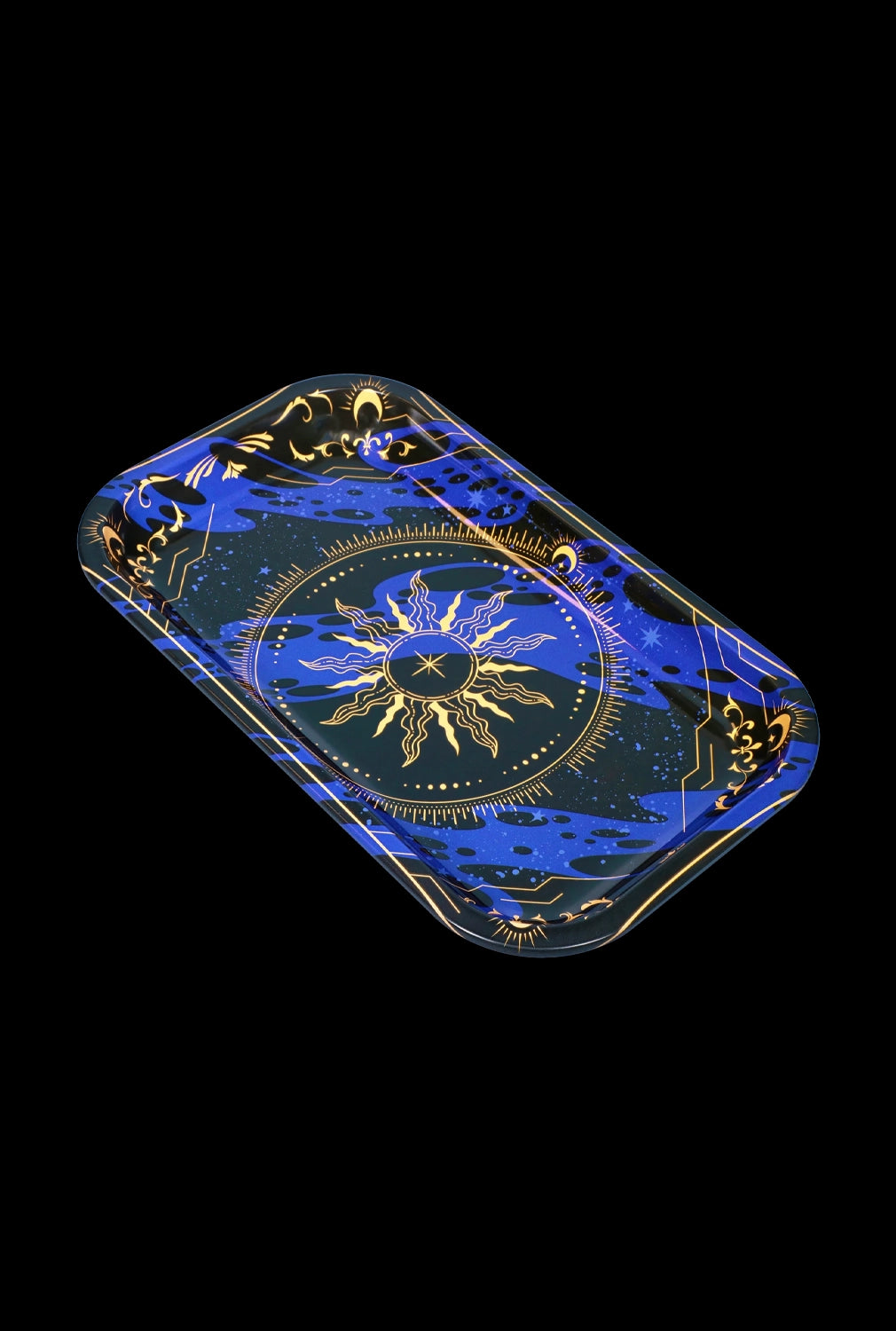 Celestial-themed rolling tray with a golden sun design on a blue starry background.