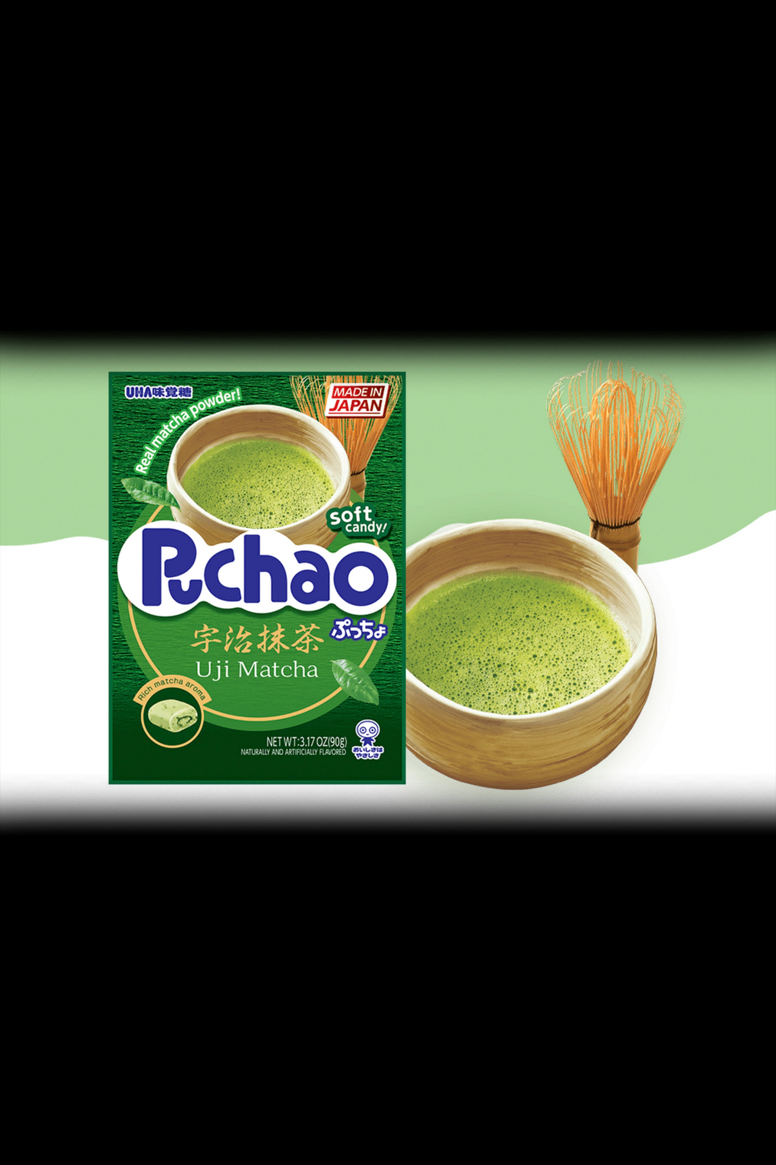 Pchao Uji Matcha soft candy packaging with a cannabis-style grinder and bud in the background.