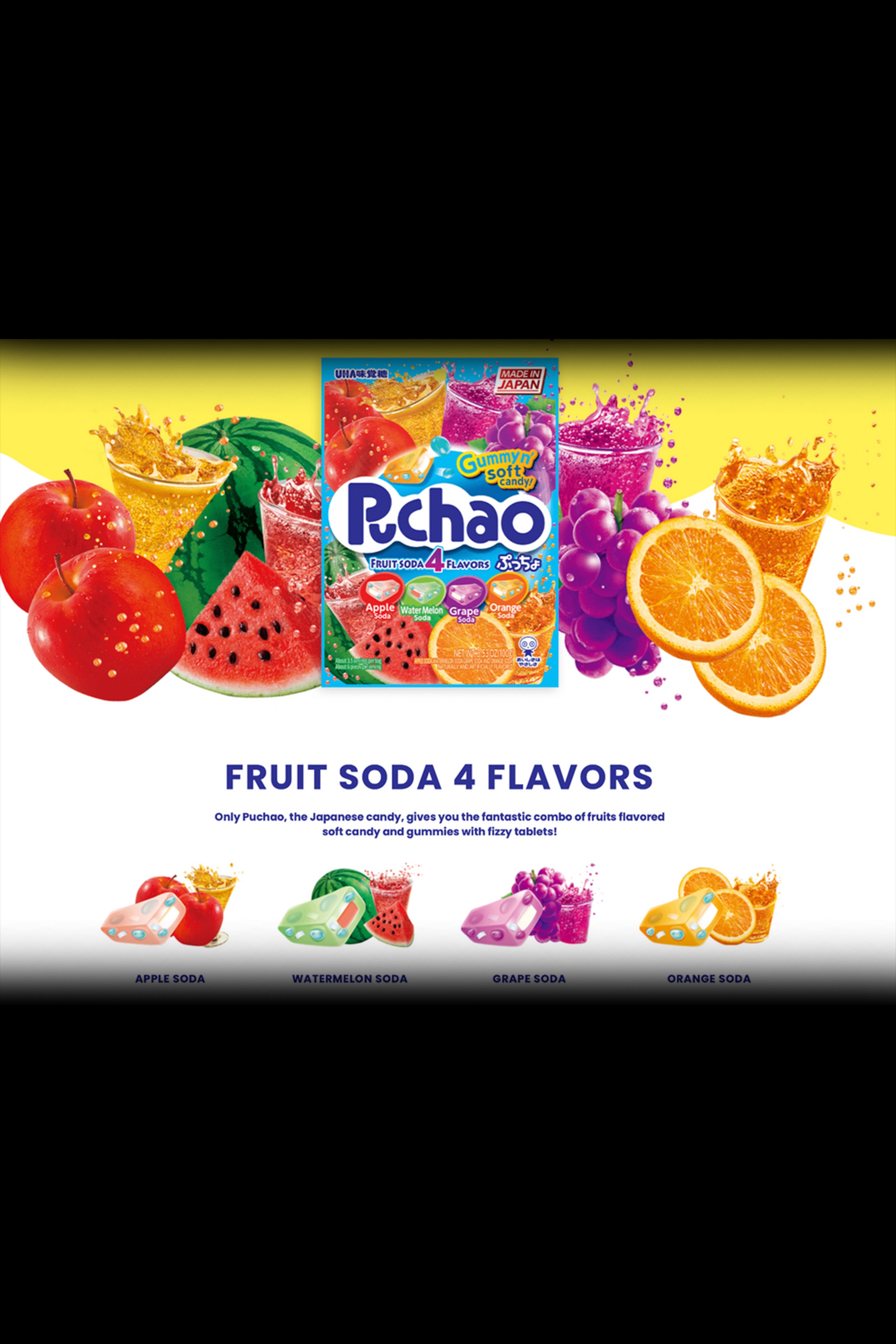 Pucha candy advertisement showcasing four fruit soda flavors—apple, watermelon, grape, and orange—arranged around a central package, likely marketed alongside cannabis accessories.