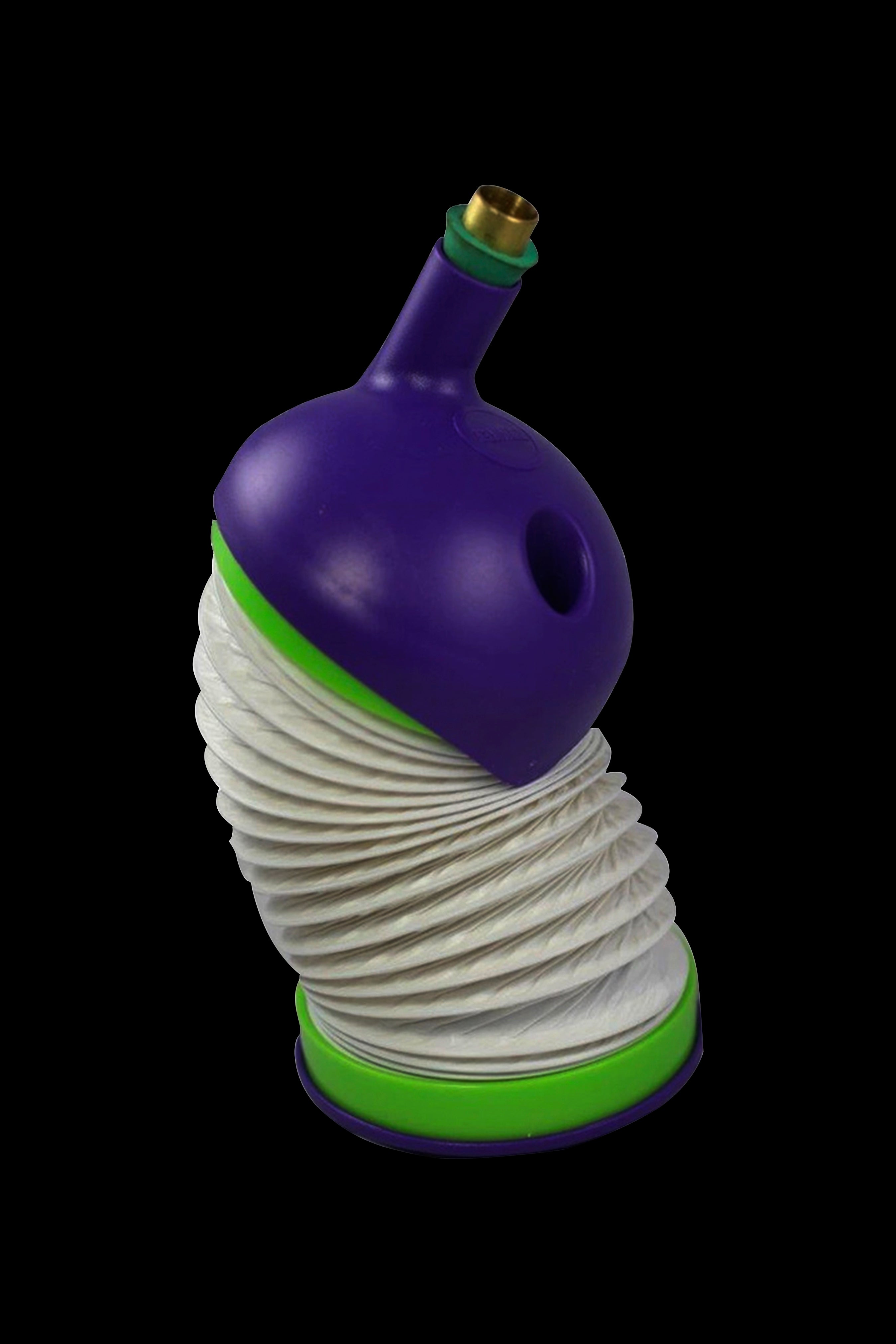 Purple and green bubbler water pipe for cannabis use against a black background.
