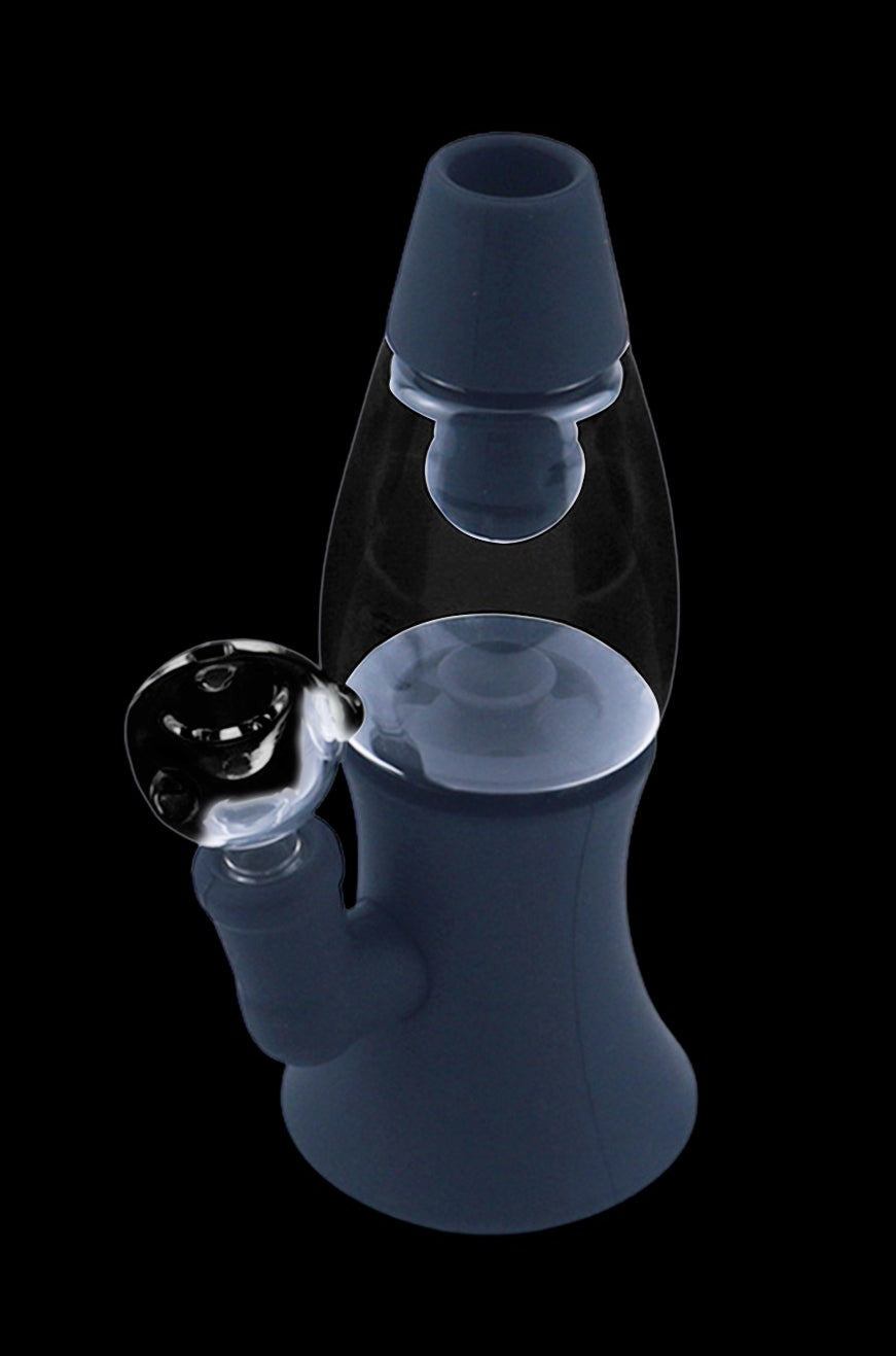 Dark blue glass water pipe (rig) with a glass bubble percolator, isolated on a black background.