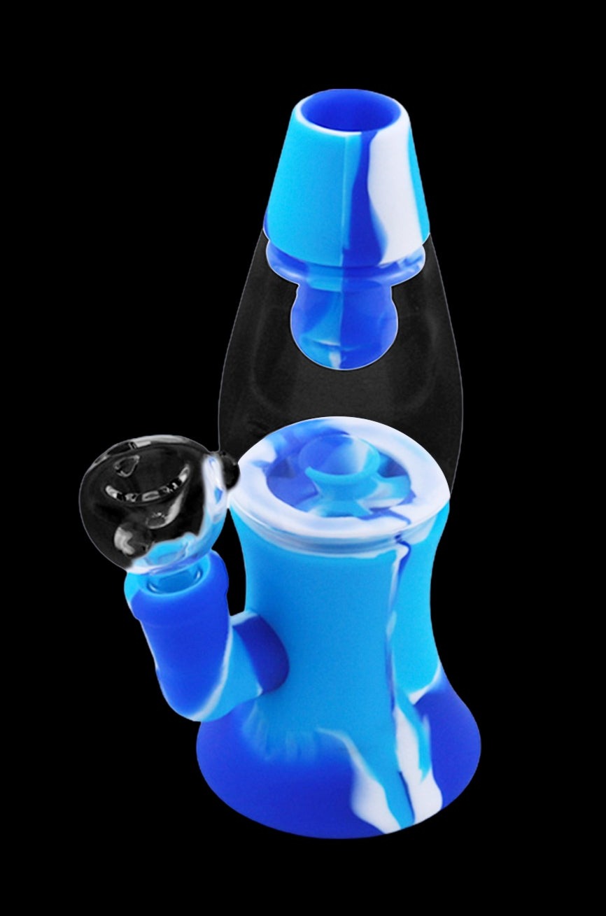 Blue silicone water pipe with glass bowl.
