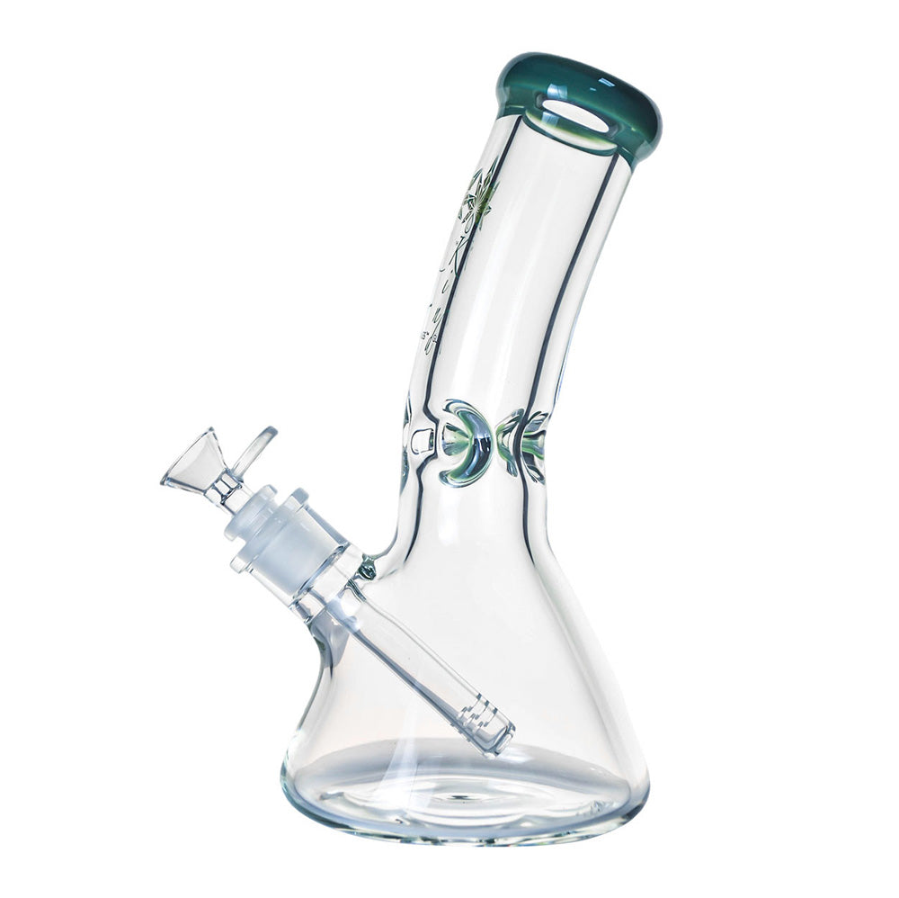 A front view of The Kind Glass 9mm Bent Neck Beaker, showcasing its clear glass construction and gently curved neck.