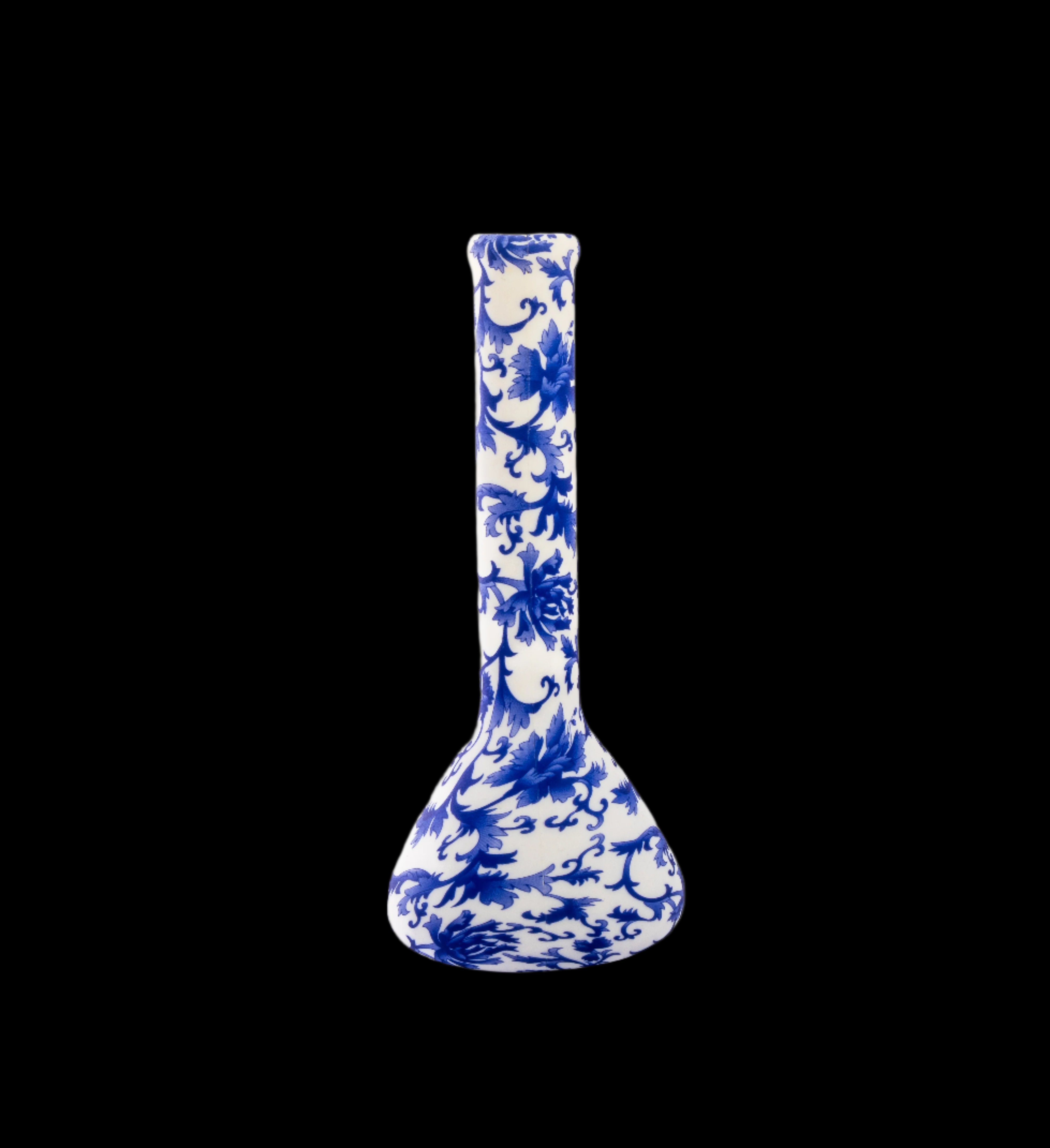 Blue and white patterned glass water pipe against a black background.