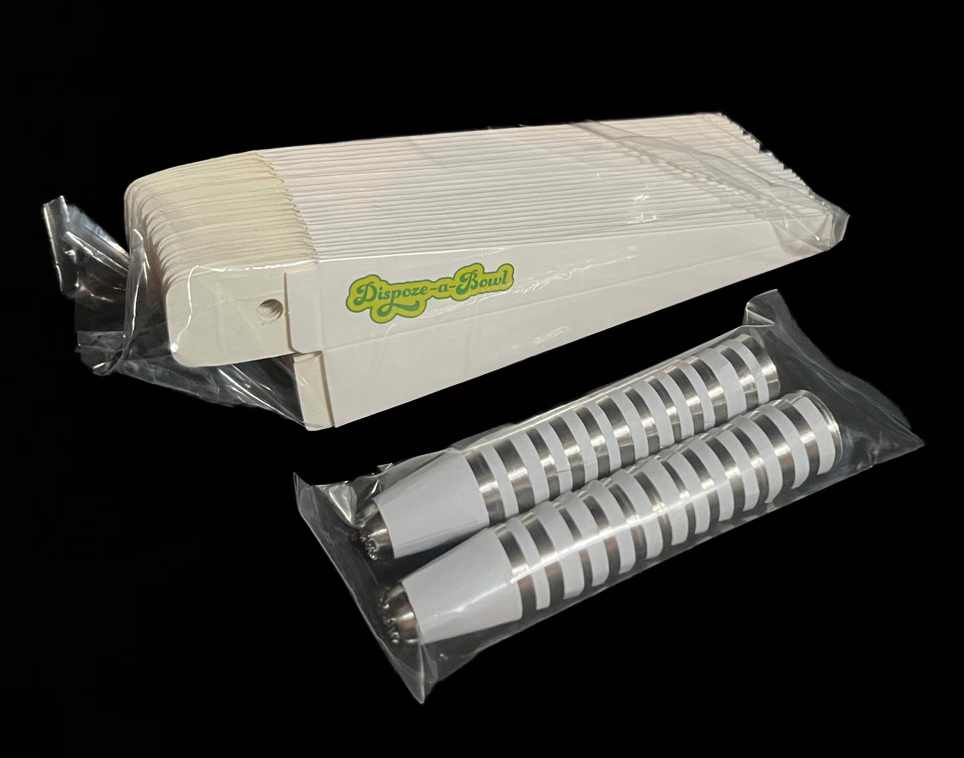 Disposable cannabis bowls in packaging, branded "Dispoze-a-Bowl".