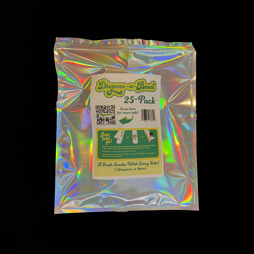 Holographic packaging for “Dispoze-a-Bowl” disposable smoking bowls, a 25-pack.