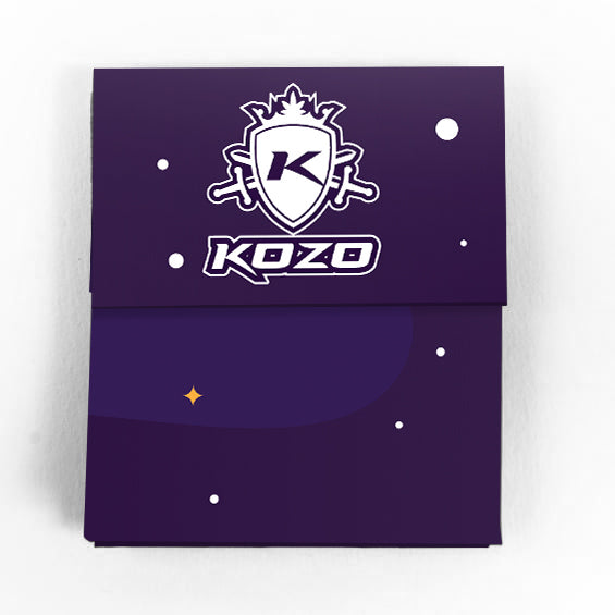 Purple cannabis packaging with white "KOZO" logo and cannabis leaf design.