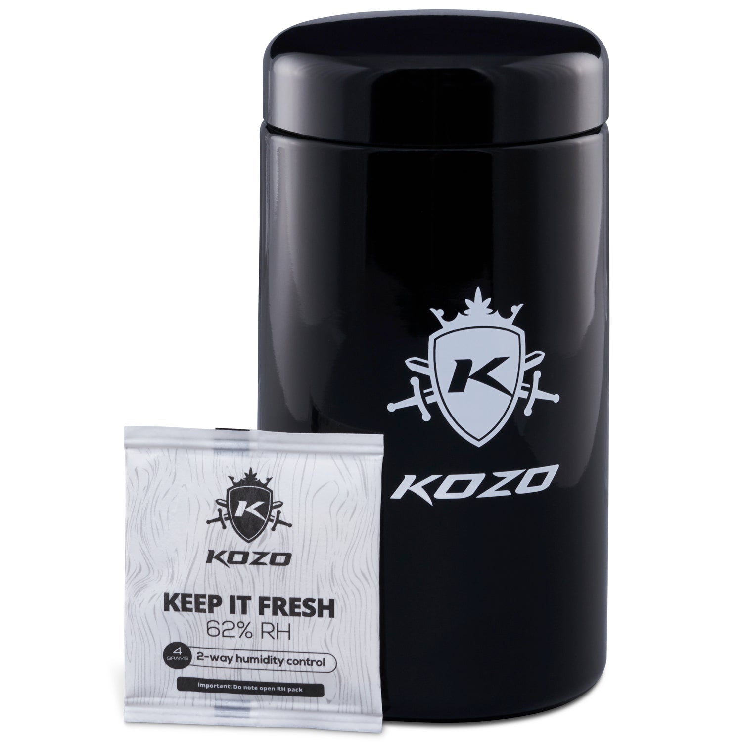 Black airtight container with a “KOZO” branded humidity pack labeled “Keep It Fresh 62% RH” displayed in front.