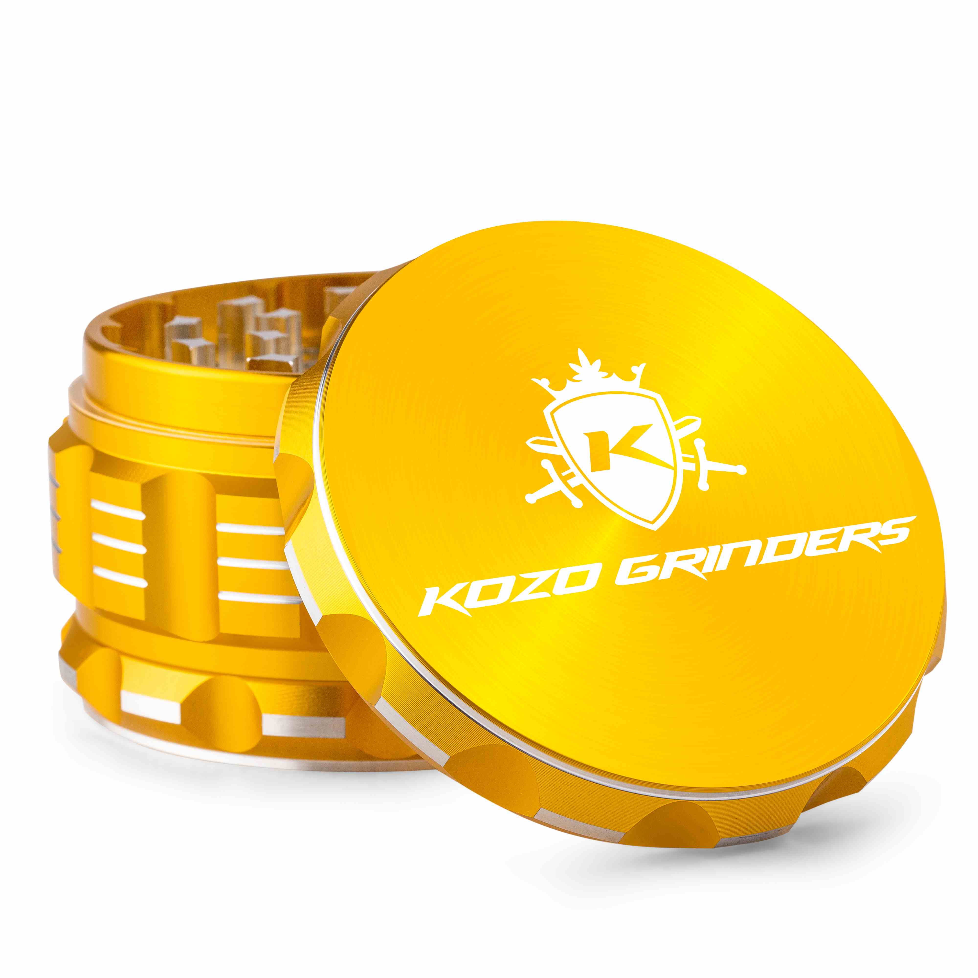 Yellow metal cannabis grinder with Kozo Grinders logo open, revealing internal grinding mechanism.