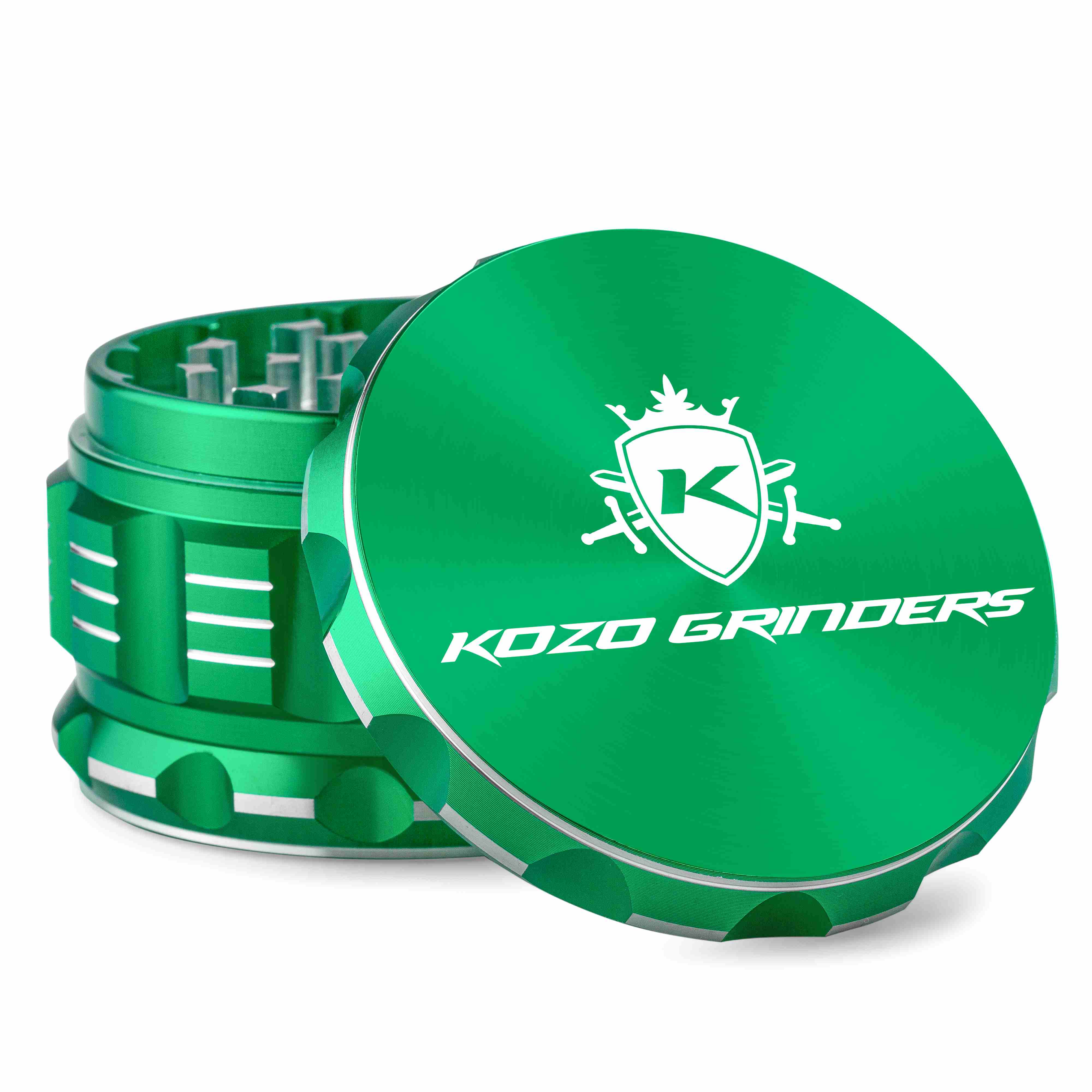 Green Kozo Grinders cannabis grinder with open lid displaying logo.