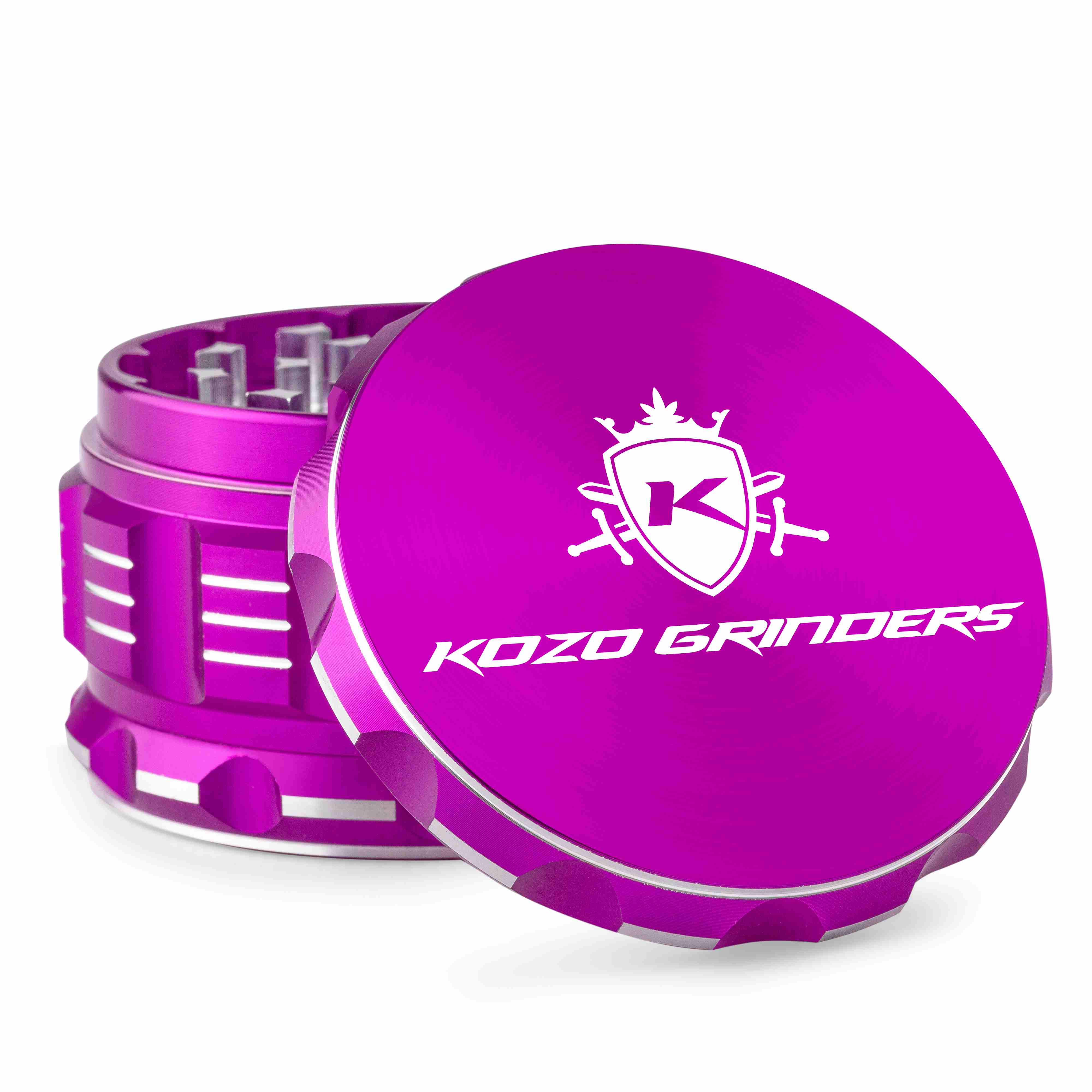 Purple Kozo Grinders cannabis grinder with open lid displaying logo.