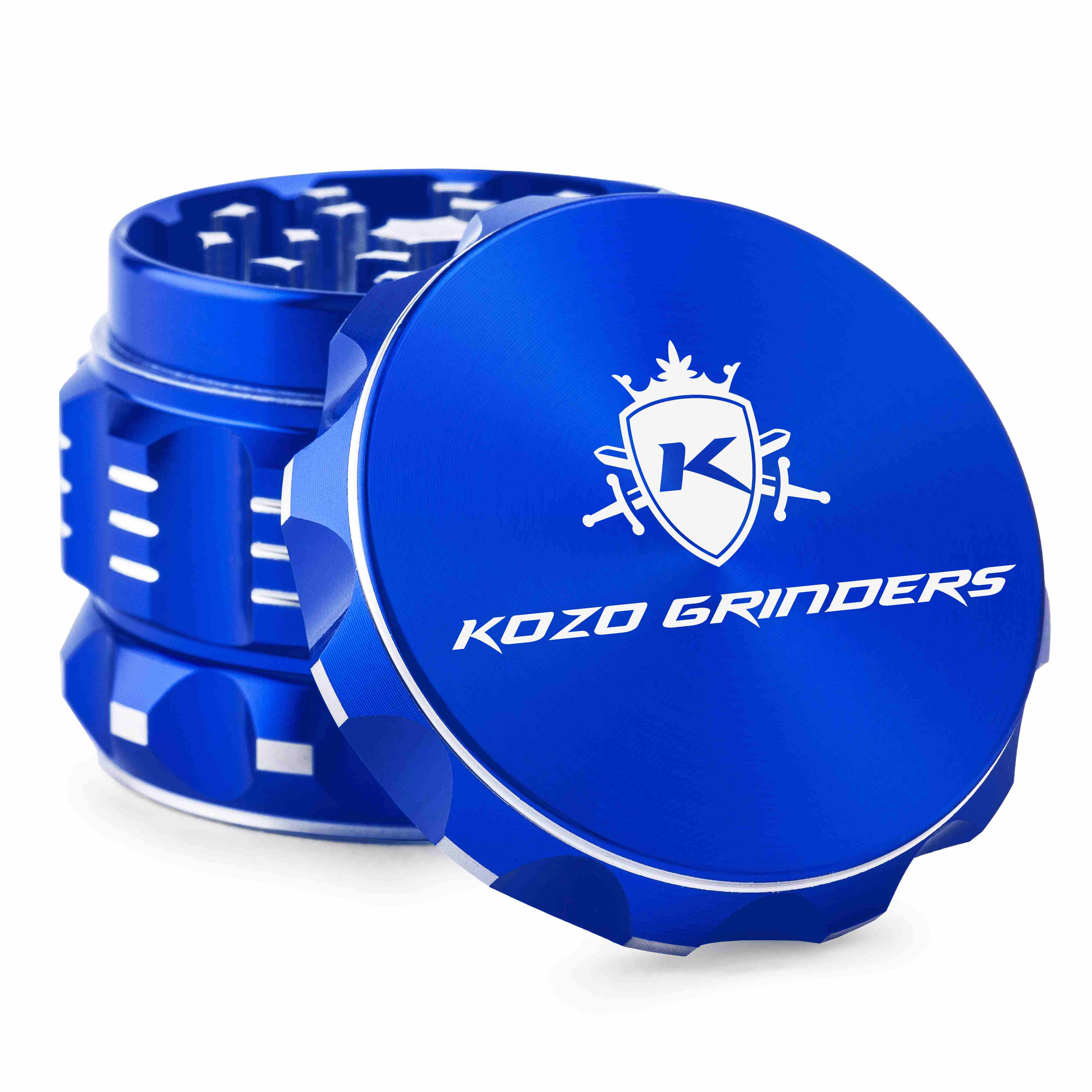 Blue metal cannabis grinder with a white logo and “KOZO GRINDERS” text.