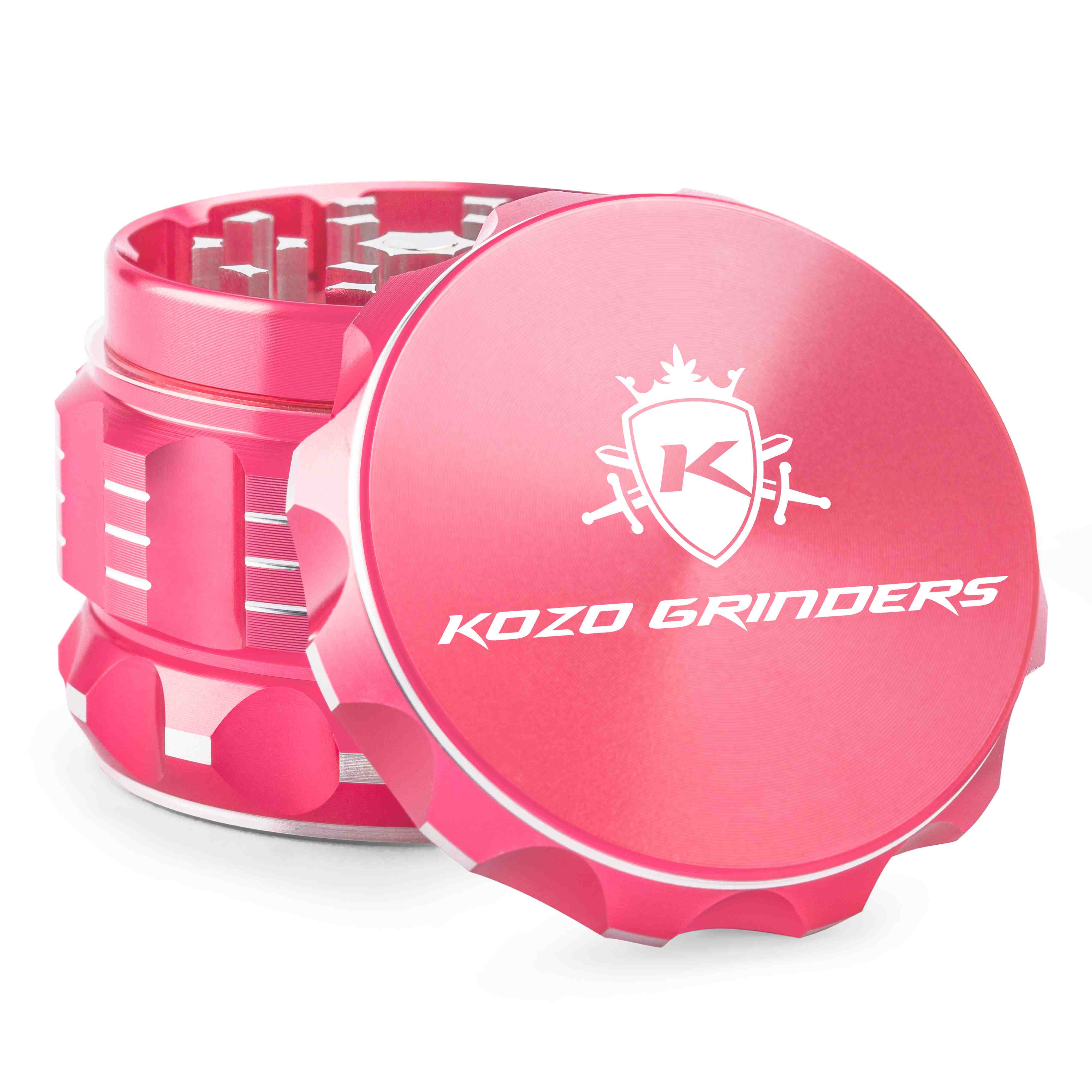 Pink metal cannabis grinder with the Kozo Grinders logo.