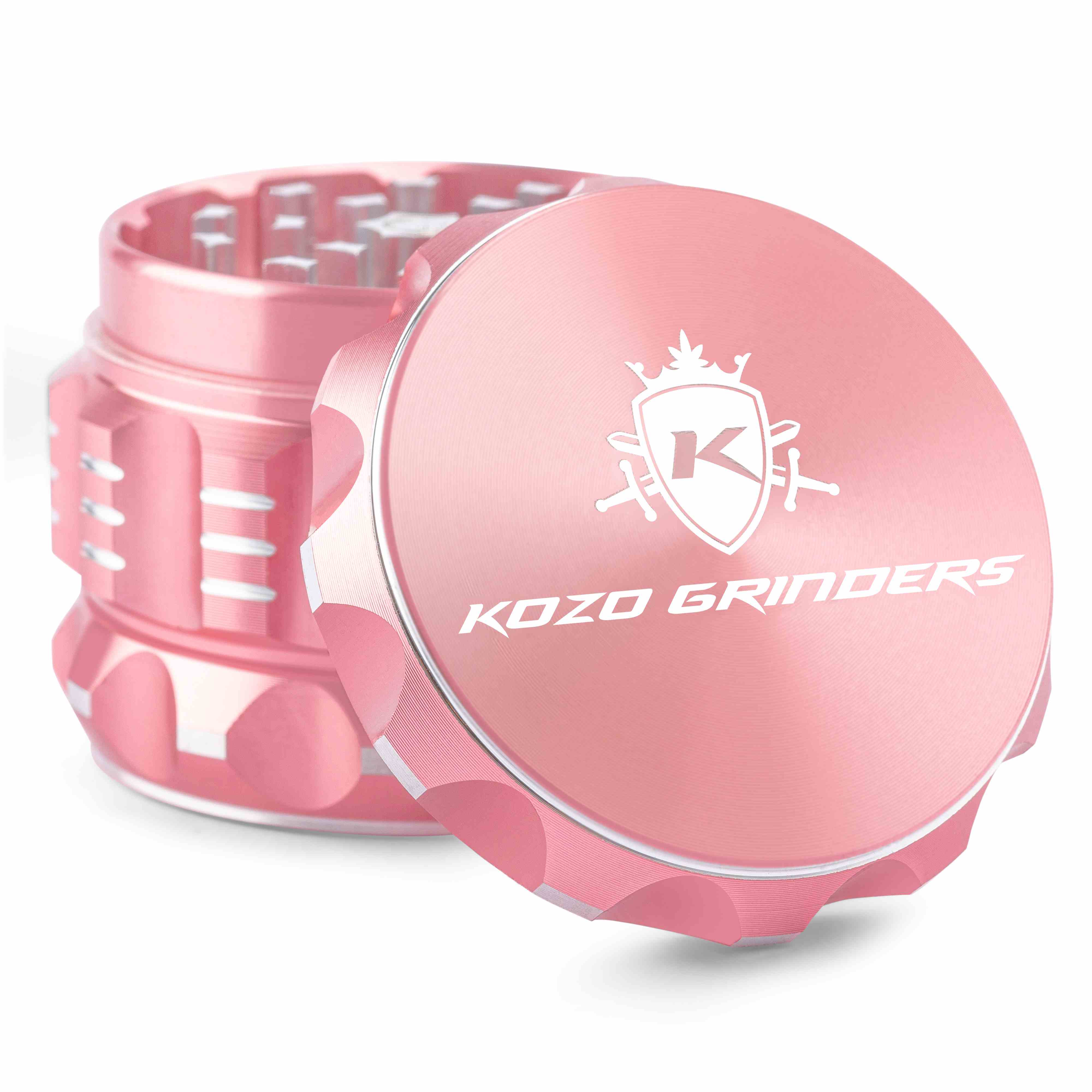 Pink Kozo Grinders cannabis grinder on a white background.