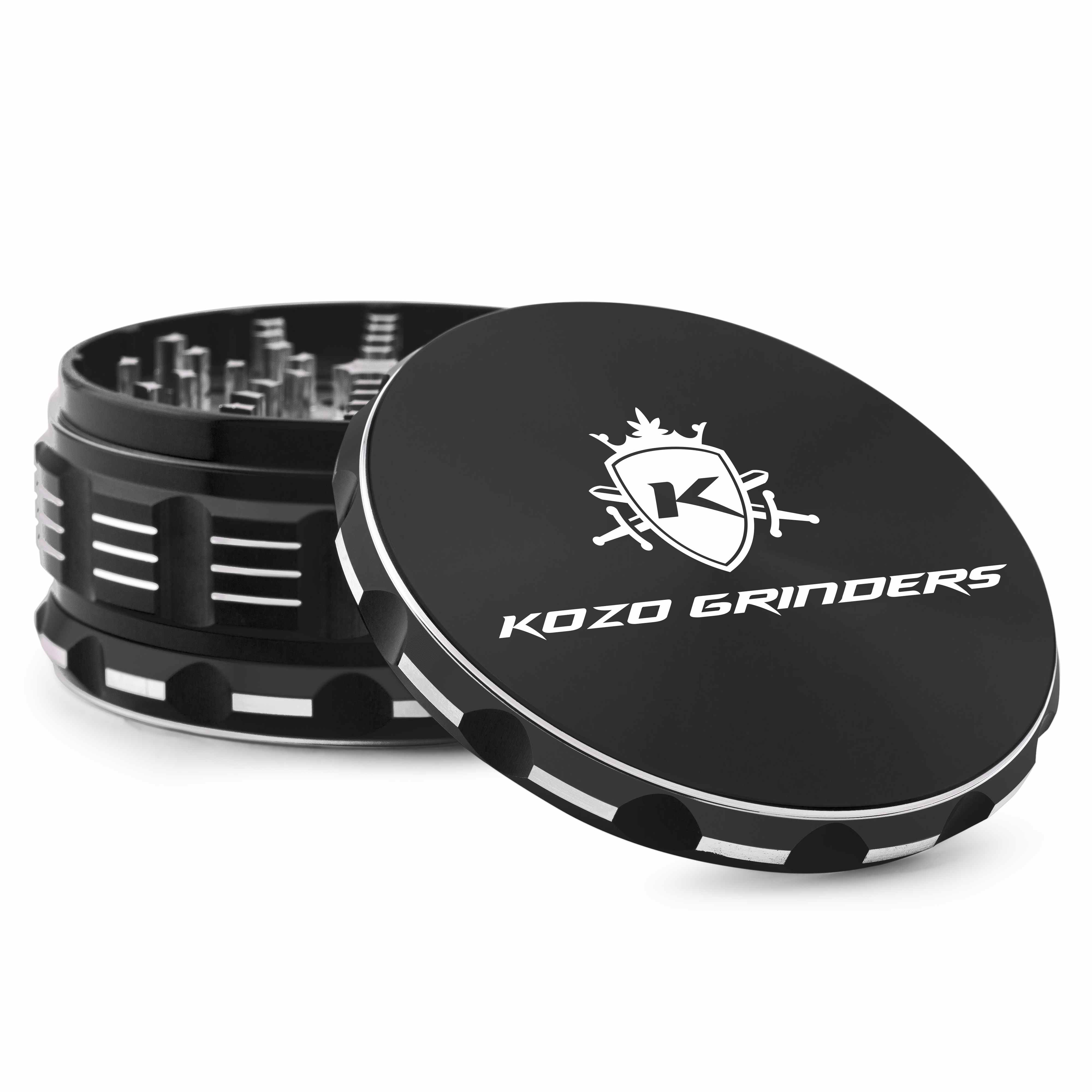 Black metal cannabis grinder with “KOZO GRINDERS” logo.