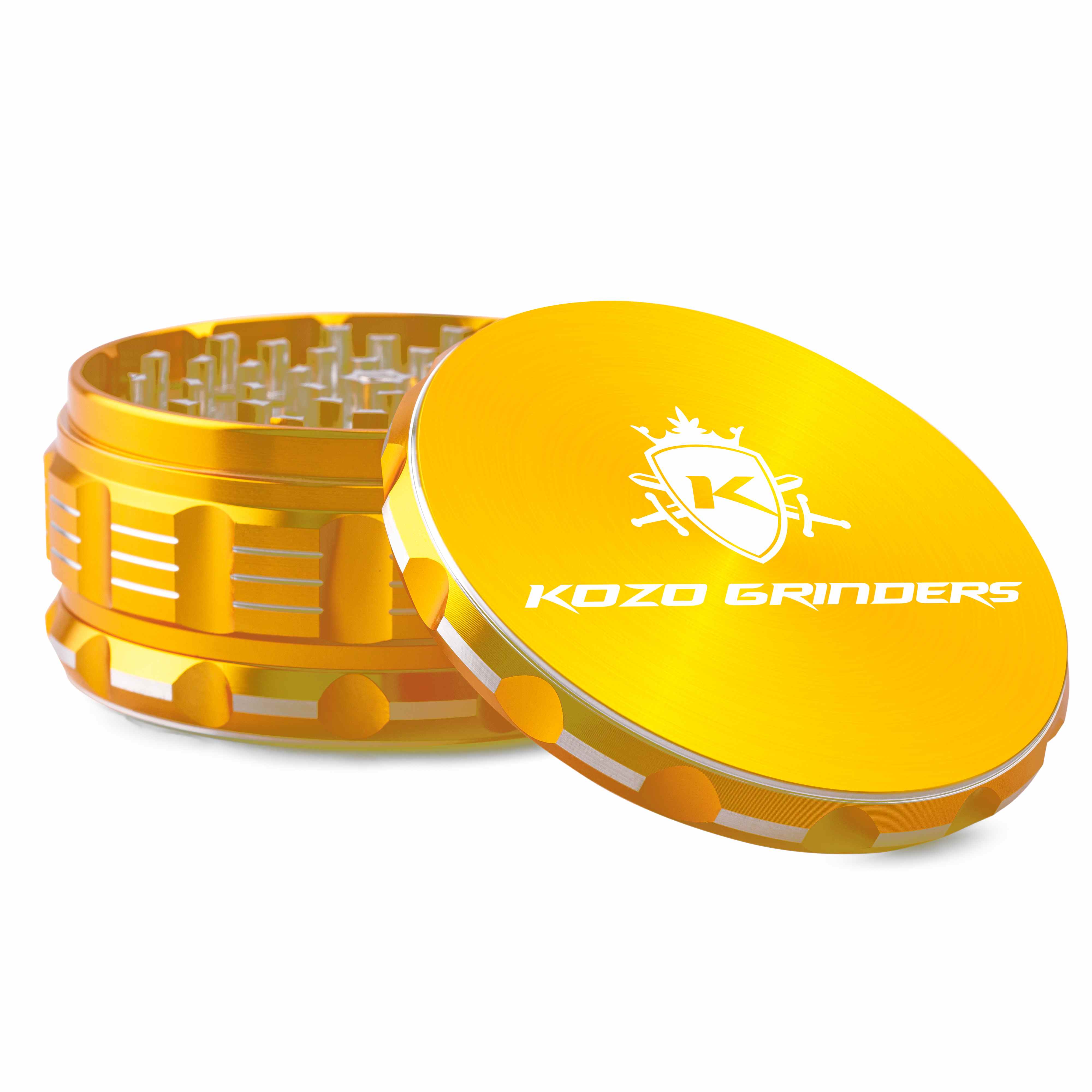 Yellow metal cannabis grinder with lid open, branded "KOZO GRINDERS."