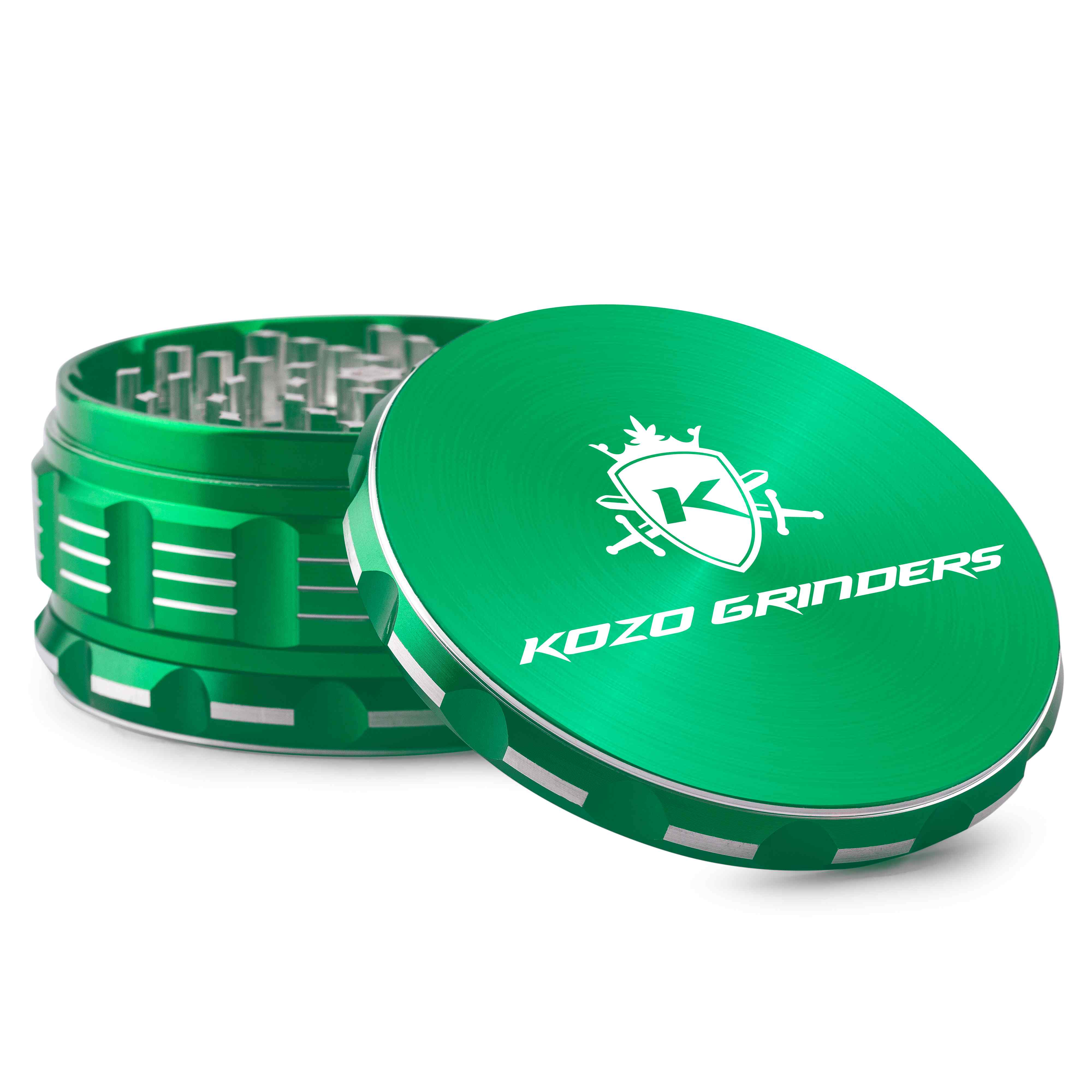Green metal cannabis grinder with branding, open to reveal ground herb inside.