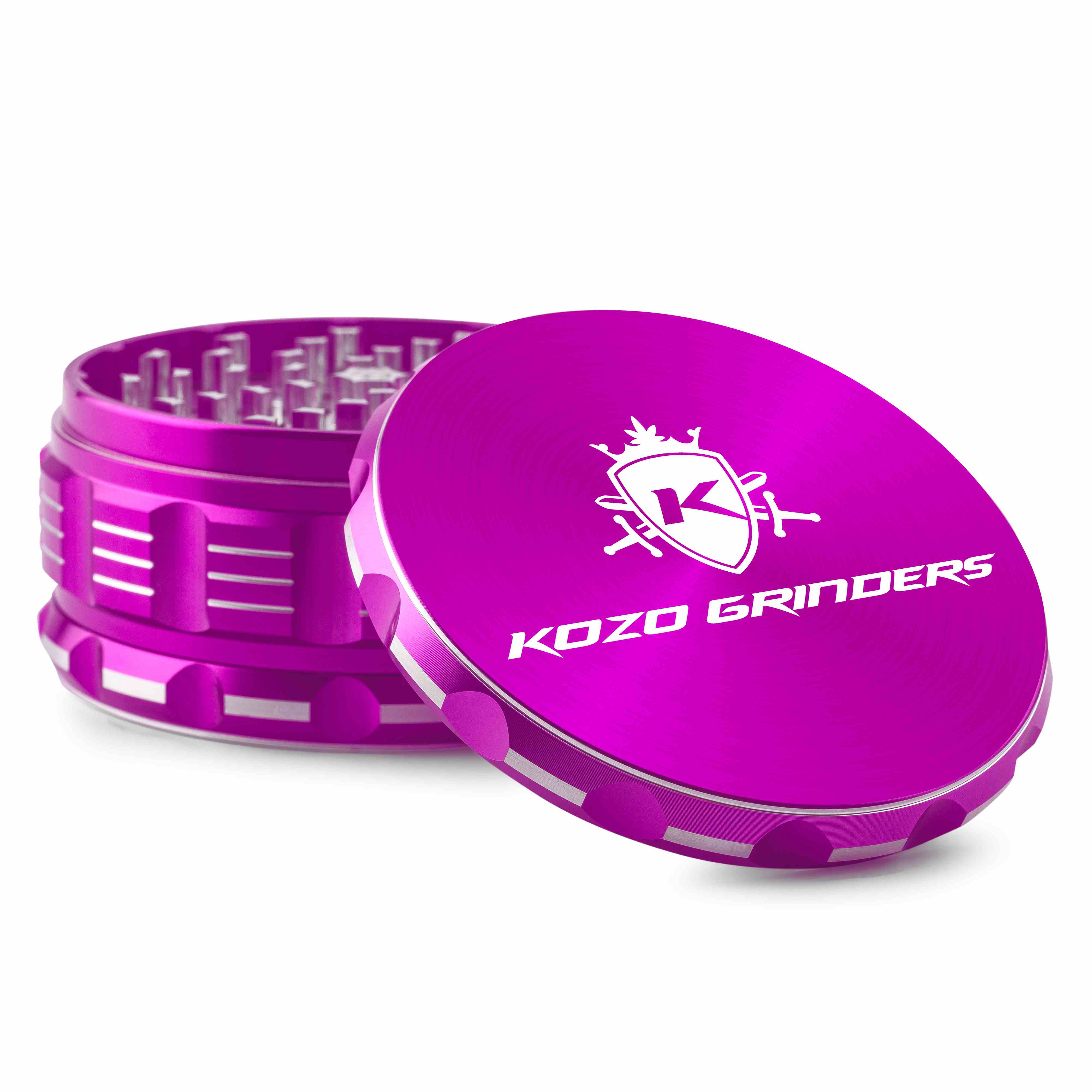 Purple metal cannabis grinder with "KOZO GRINDERS" logo, open to show the grinding teeth.