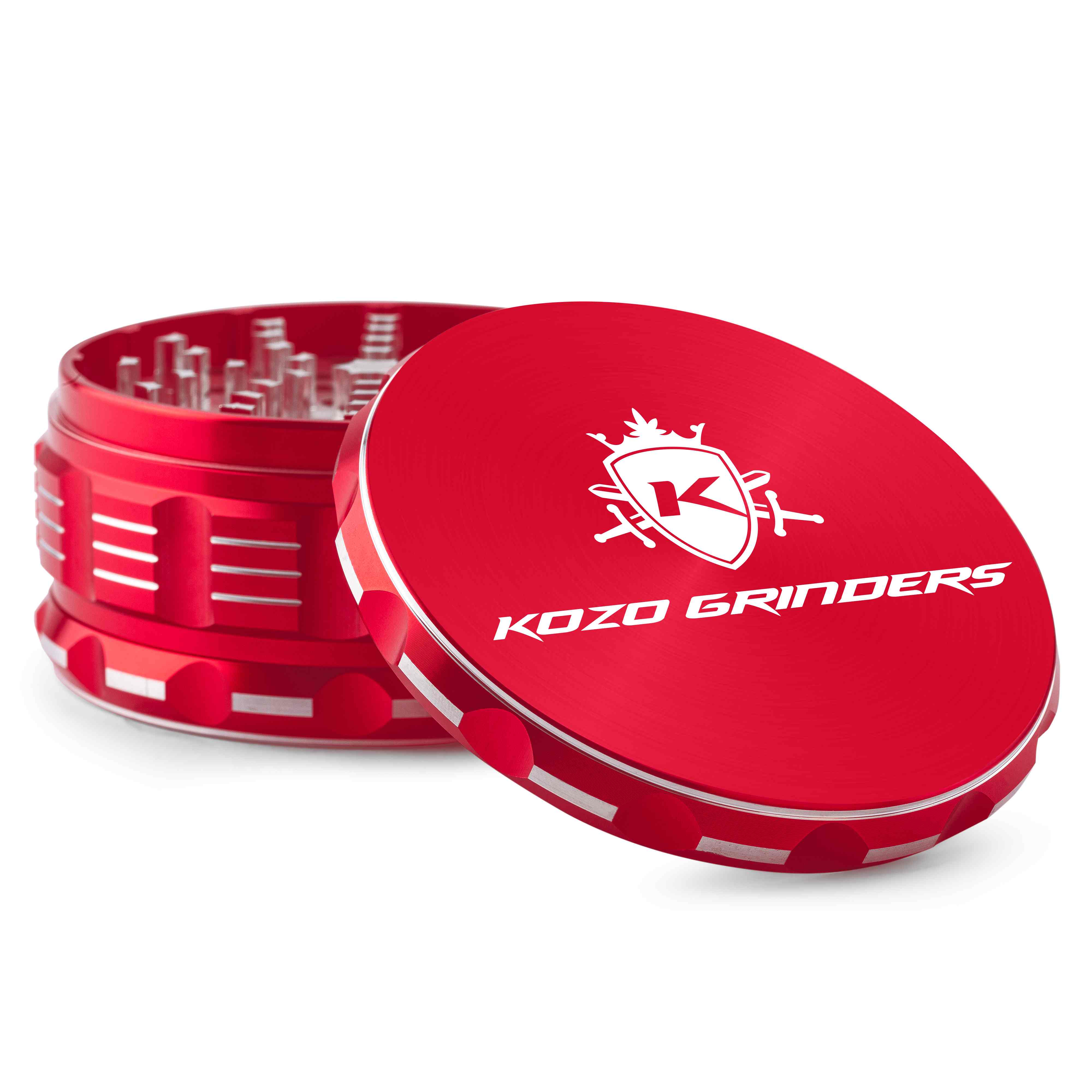 Red metal cannabis grinder with white branding and multiple tiers.