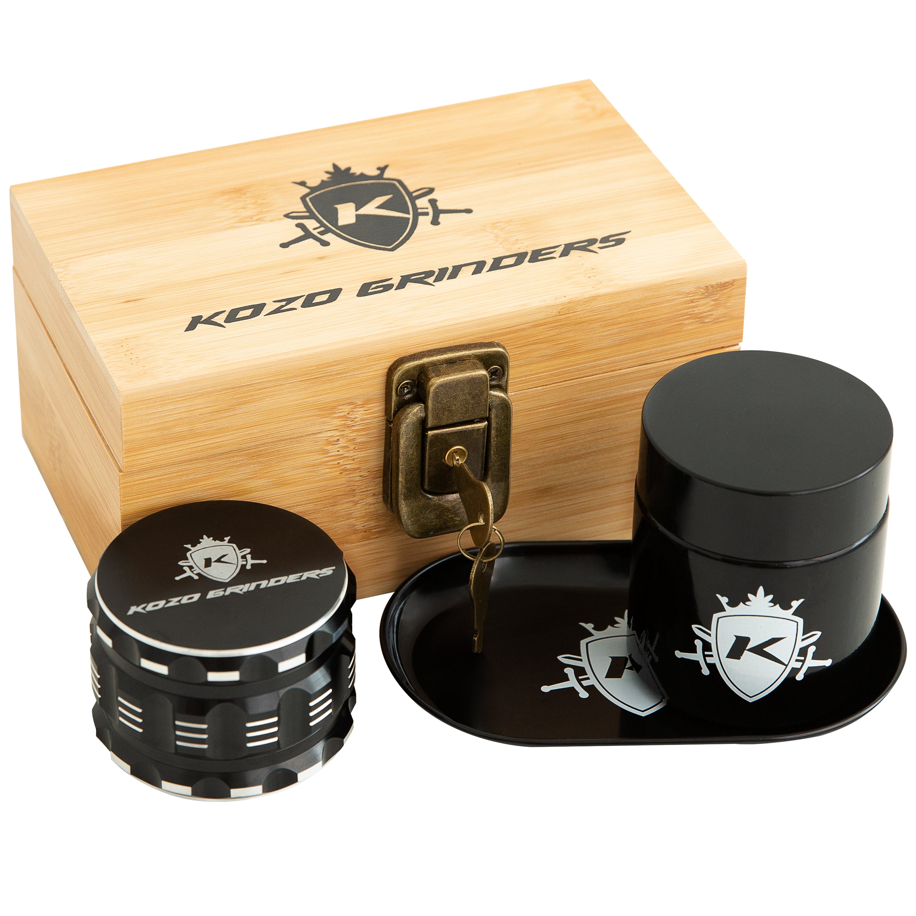 A wooden storage box with a combination lock, alongside a black grinder and storage container, all branded with the "KOZO GRINDERS" logo.
