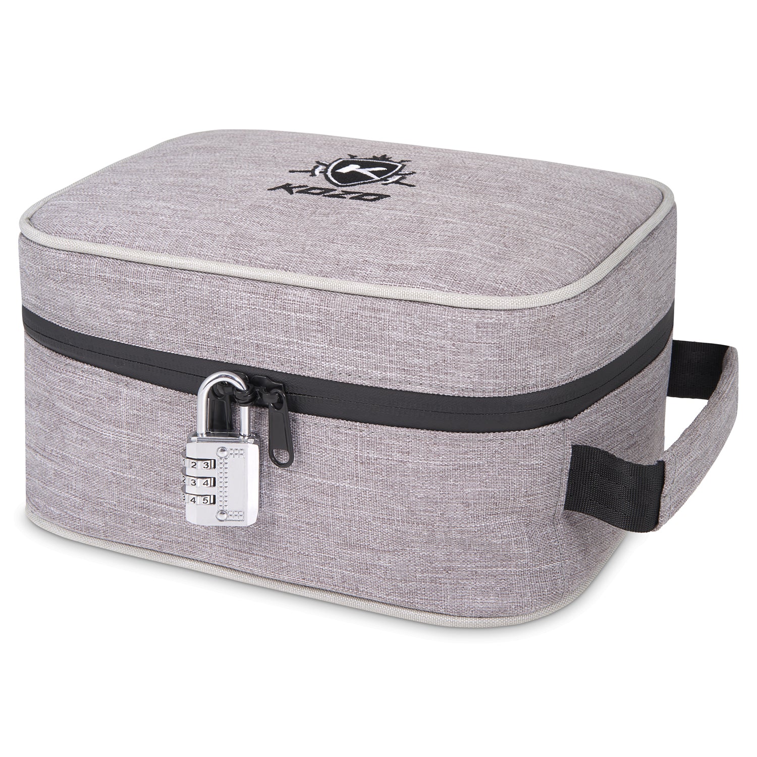 Gray lockable smell-proof bag with handle, designed for discreet cannabis storage and transport.