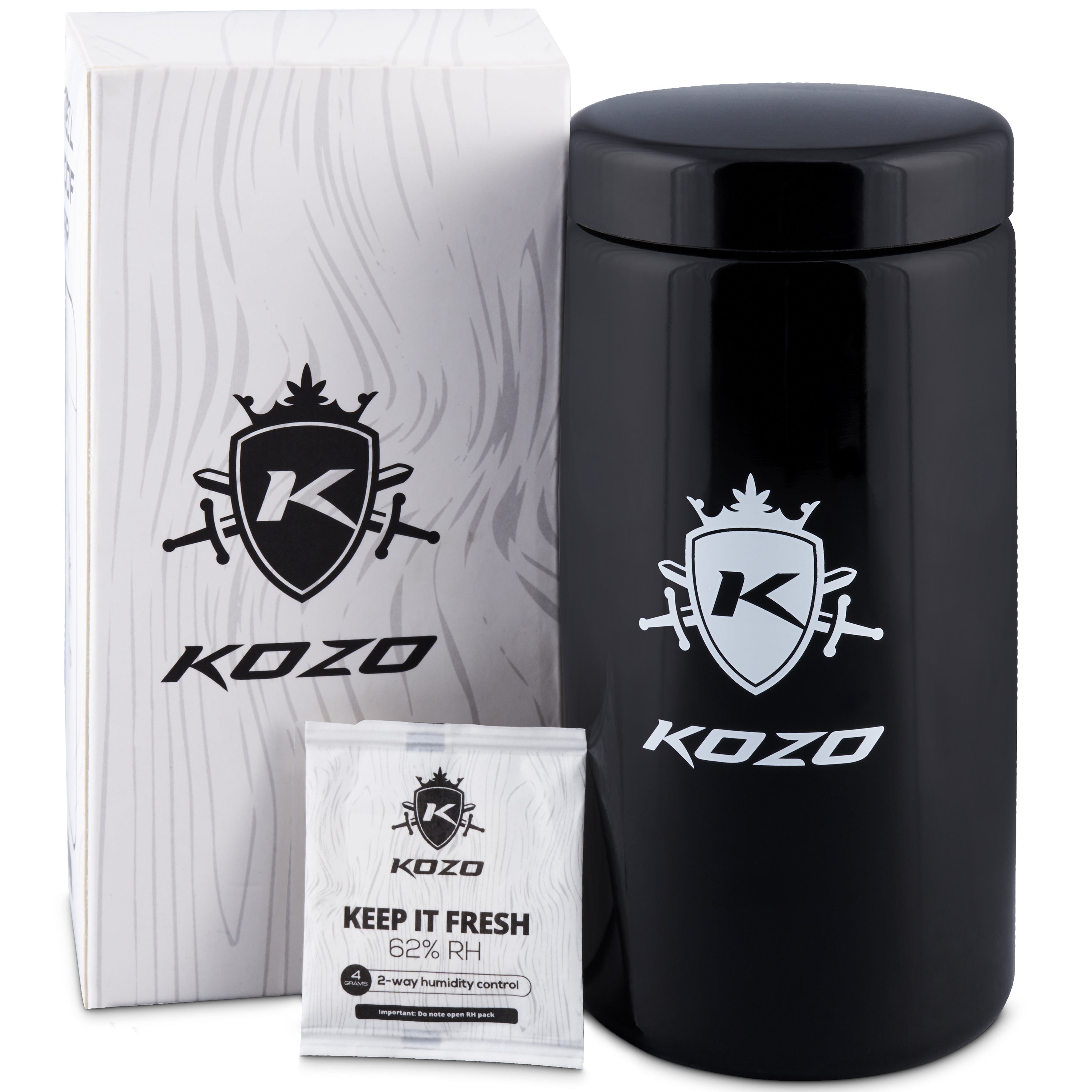 Black Kozo airtight storage jar and humidity control pack for cannabis.