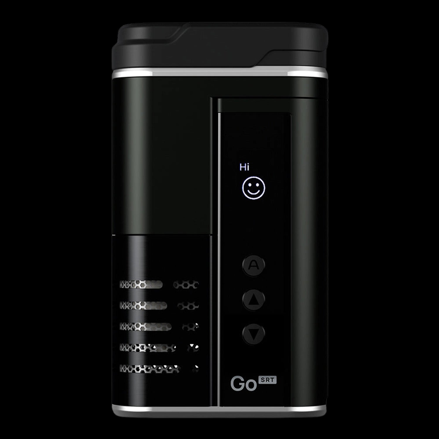 Close-up front view of the black Arizer Go SRT Vaporizer showing its glossy side panel, vertical control buttons, and a smiling face icon on the display.