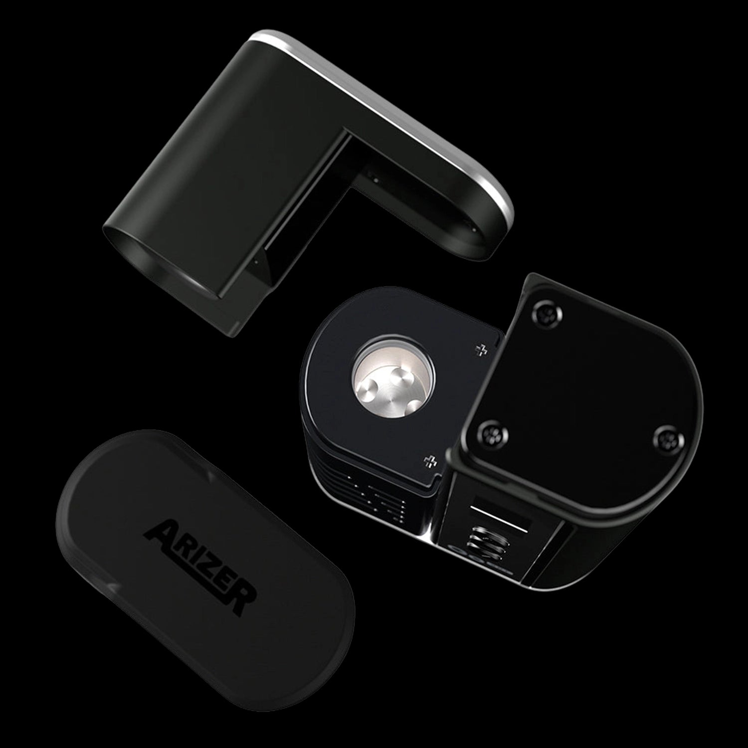 Angled close-up of the black Arizer Go SRT Vaporizer showing its open chamber, removable lid, and matte finish against black.