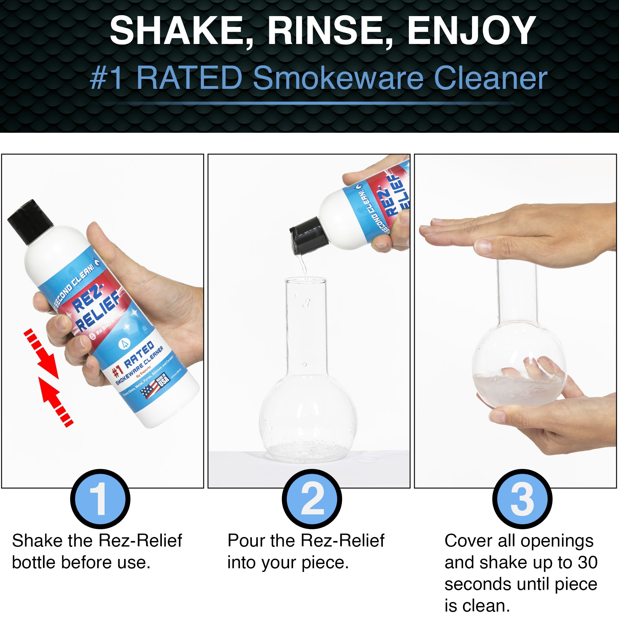 Instructions for cleaning glass smoking pieces with Rez-Relief, showing shaking the bottle, pouring cleaner into a piece, and shaking the piece to clean.