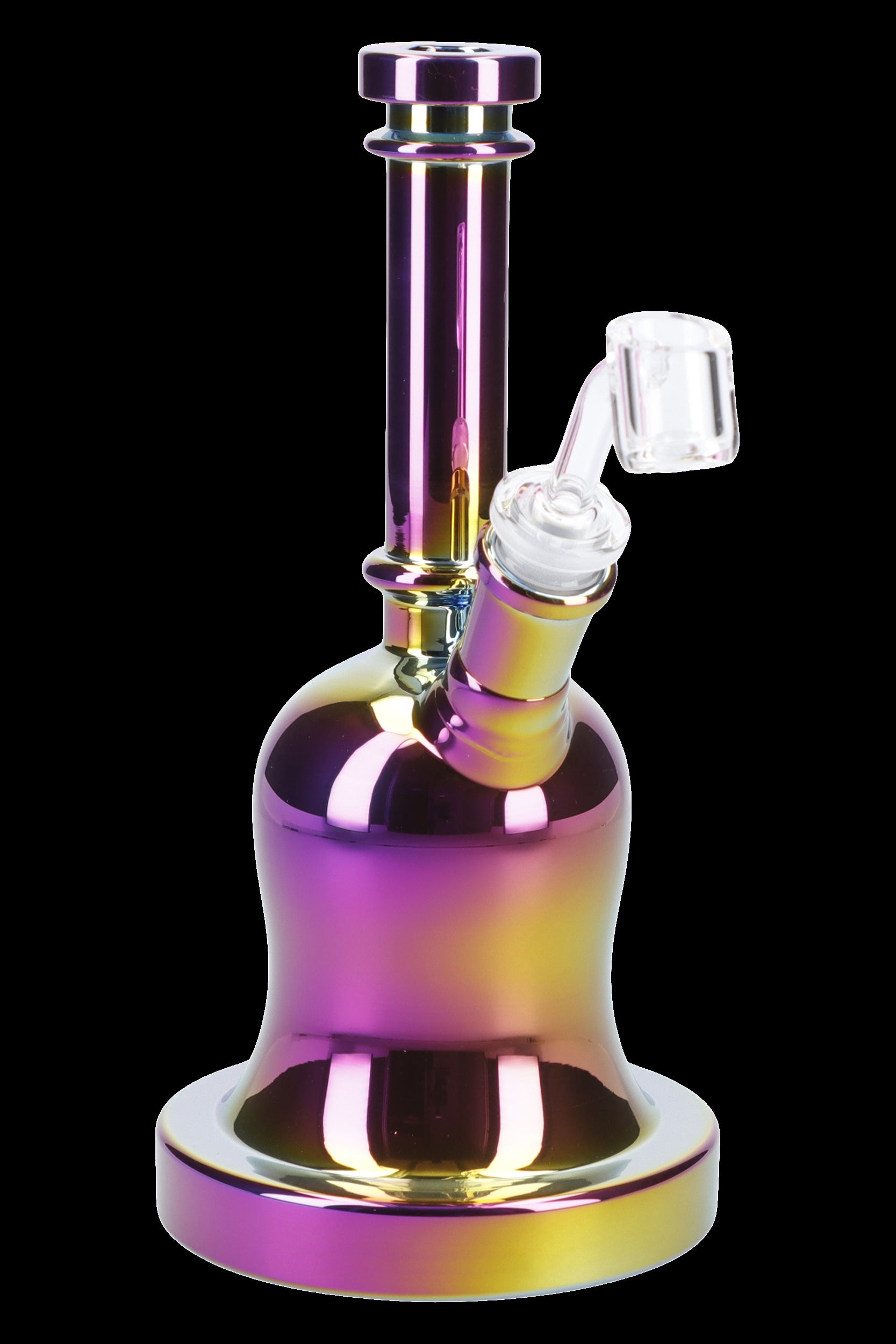 Iridescent glass water pipe (bong) with clear glass bowl.
