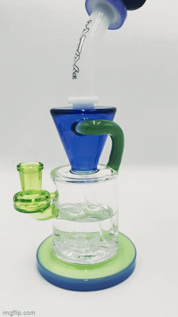 Rainbow glass water pipe (AFM Incycler) with a swirling design & built-in drain for easy cleaning. A vibrant artistic piece.