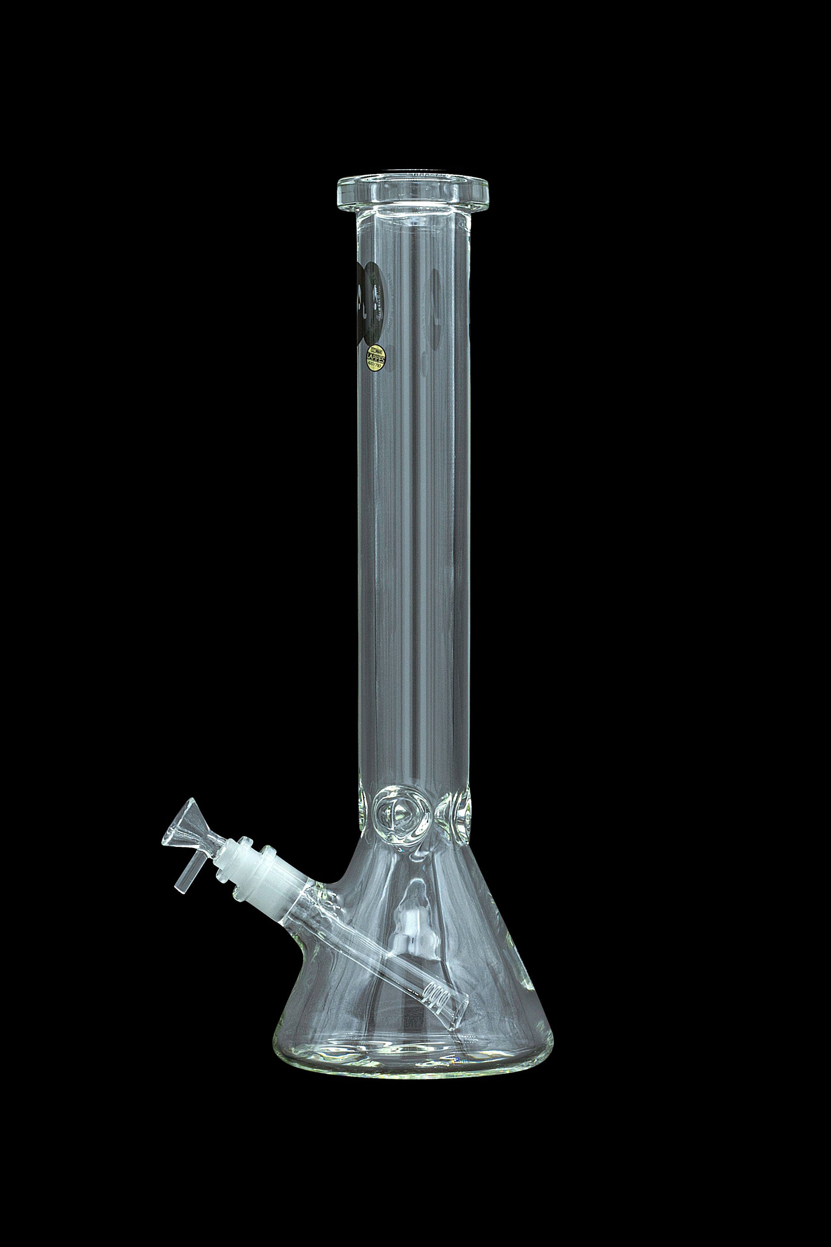 Clear glass water pipe (bong) with an ice catch and detachable downstem against a black background.