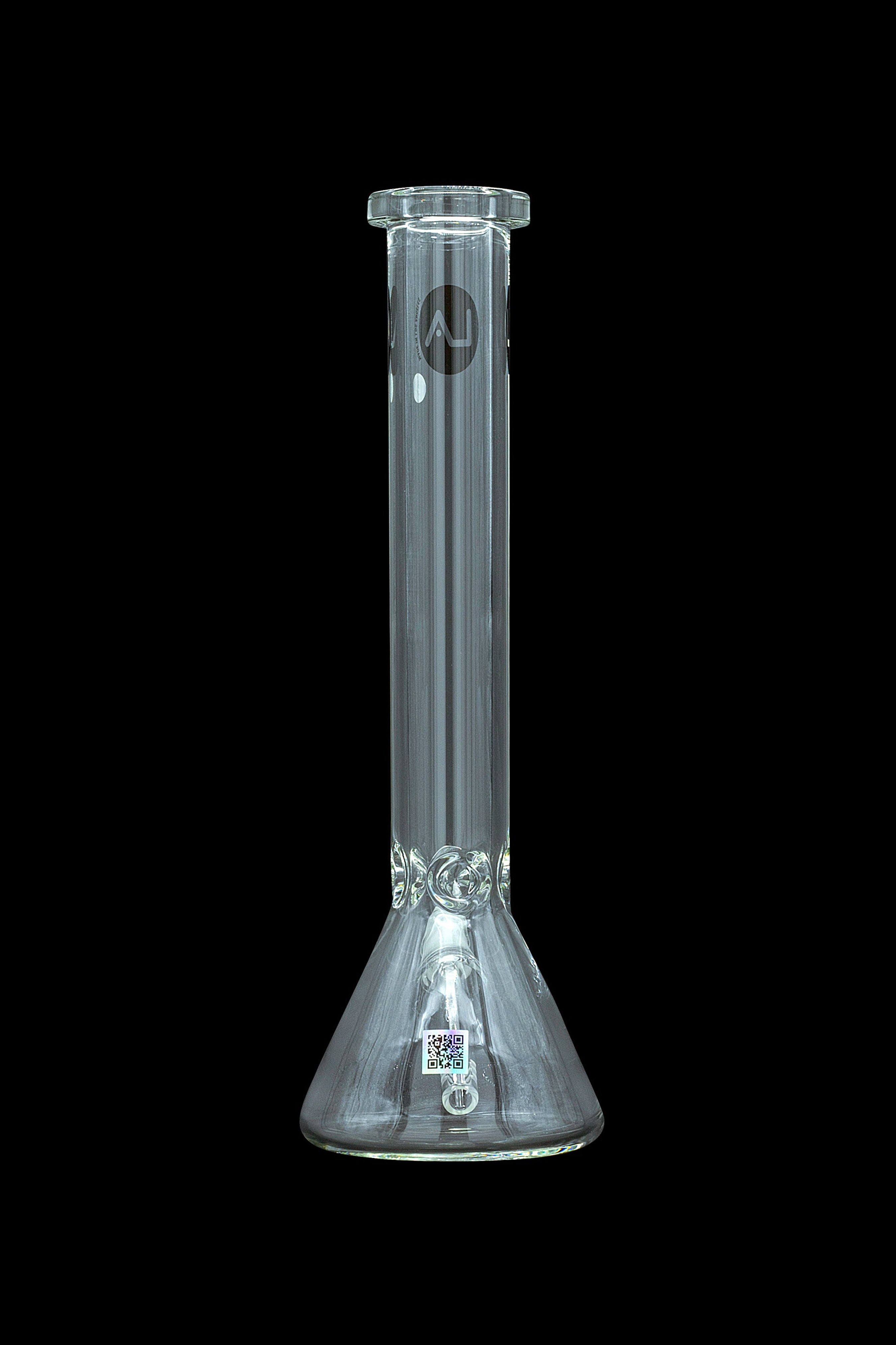 Clear glass bong with vertical ribbed tube and flared base.