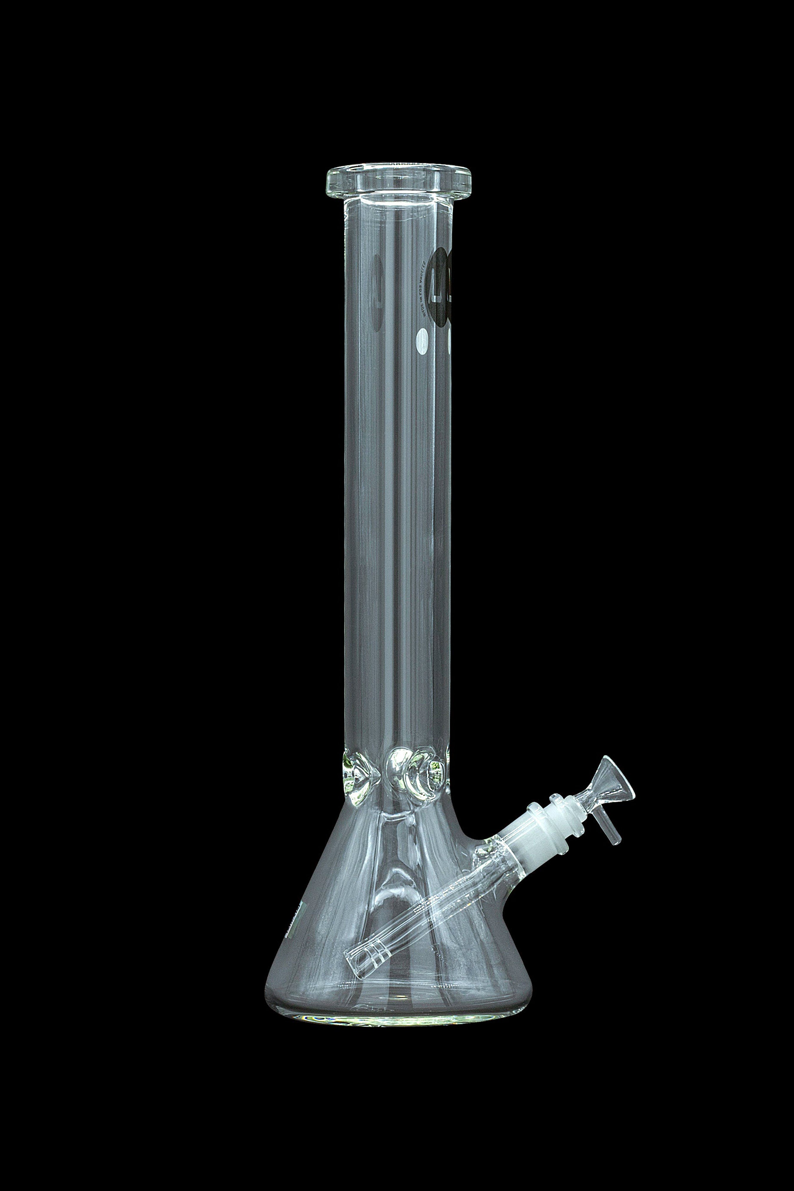 Clear glass bong with ice pinches, isolated on a black background.