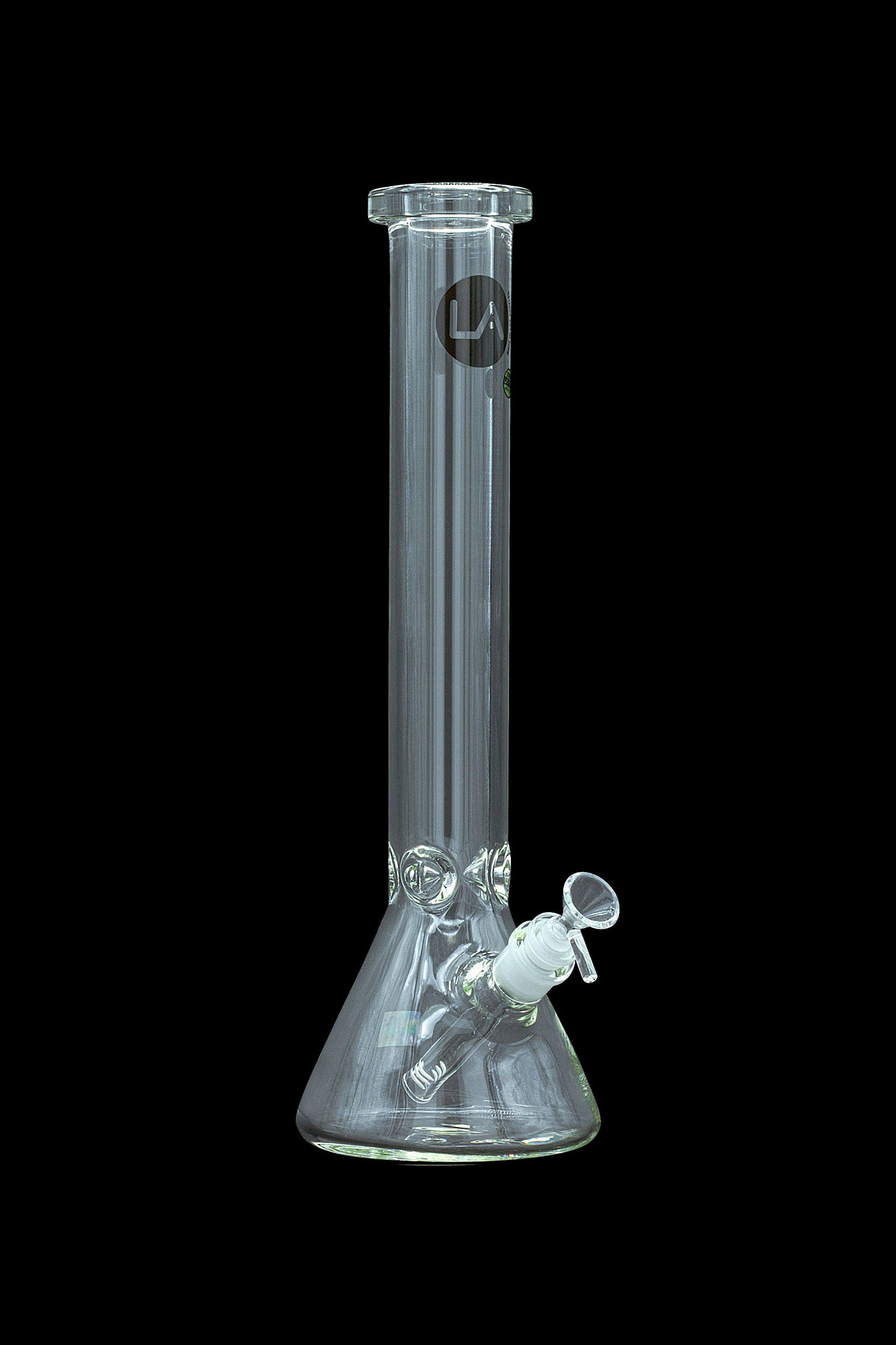 Clear glass water pipe (bong) with ice pinches and a removable downstem, isolated on a black background.