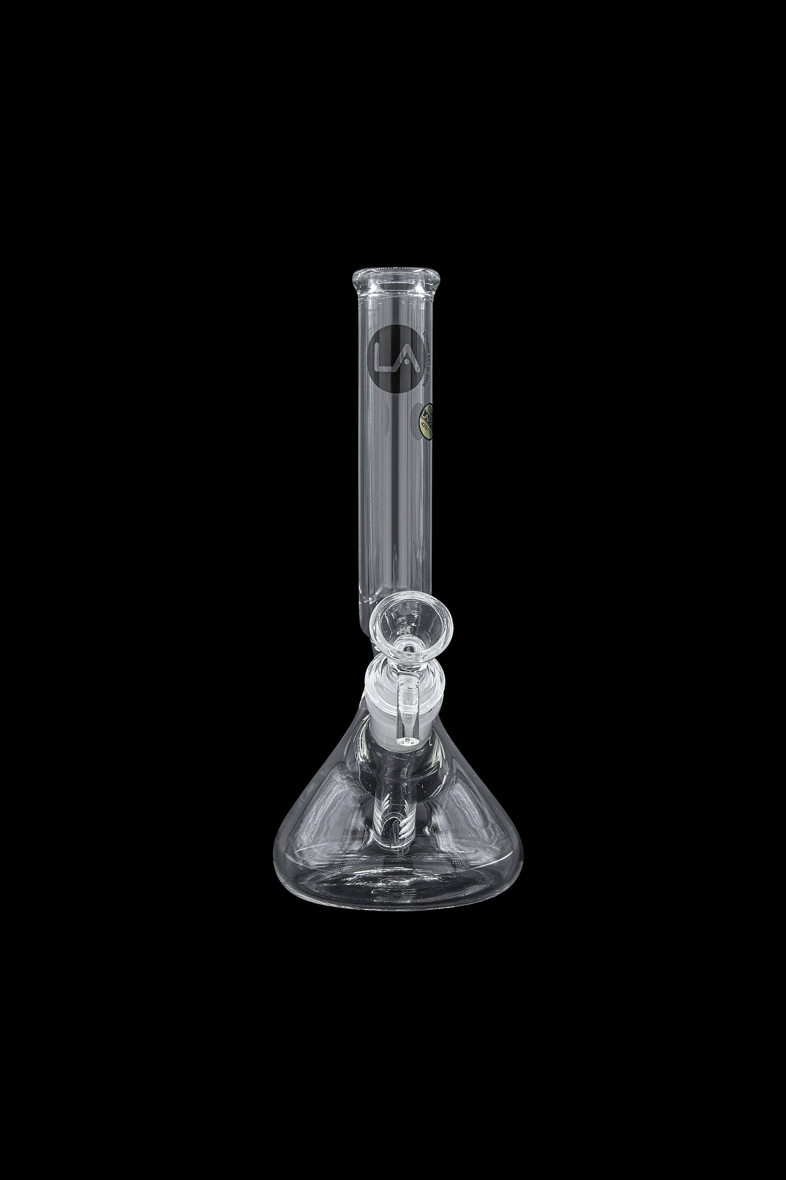 Clear glass bong with ice catcher and percolator, isolated on black.
