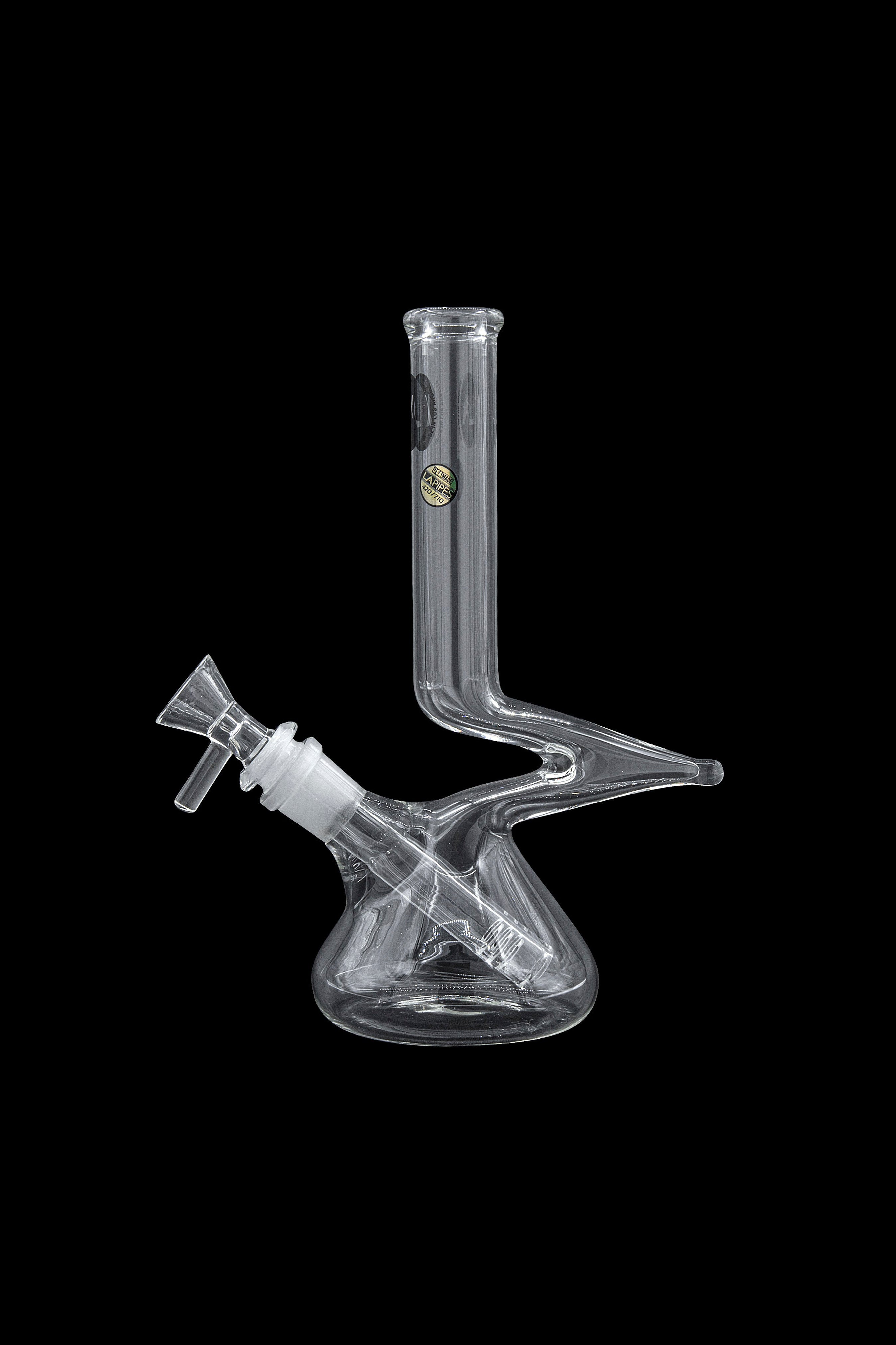 Clear glass bong with angled neck and removable bowl.