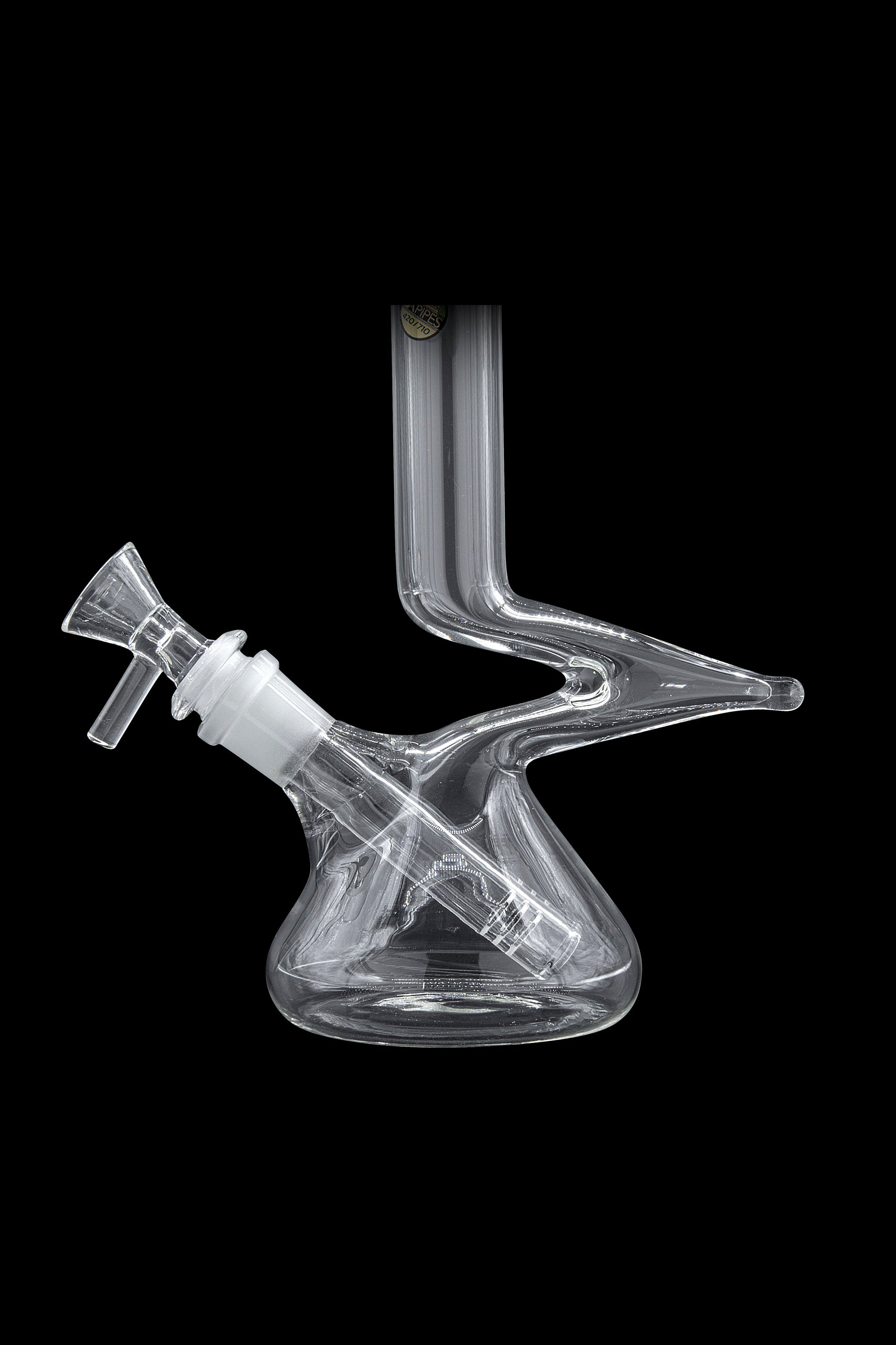 Clear glass water pipe with intricate design.