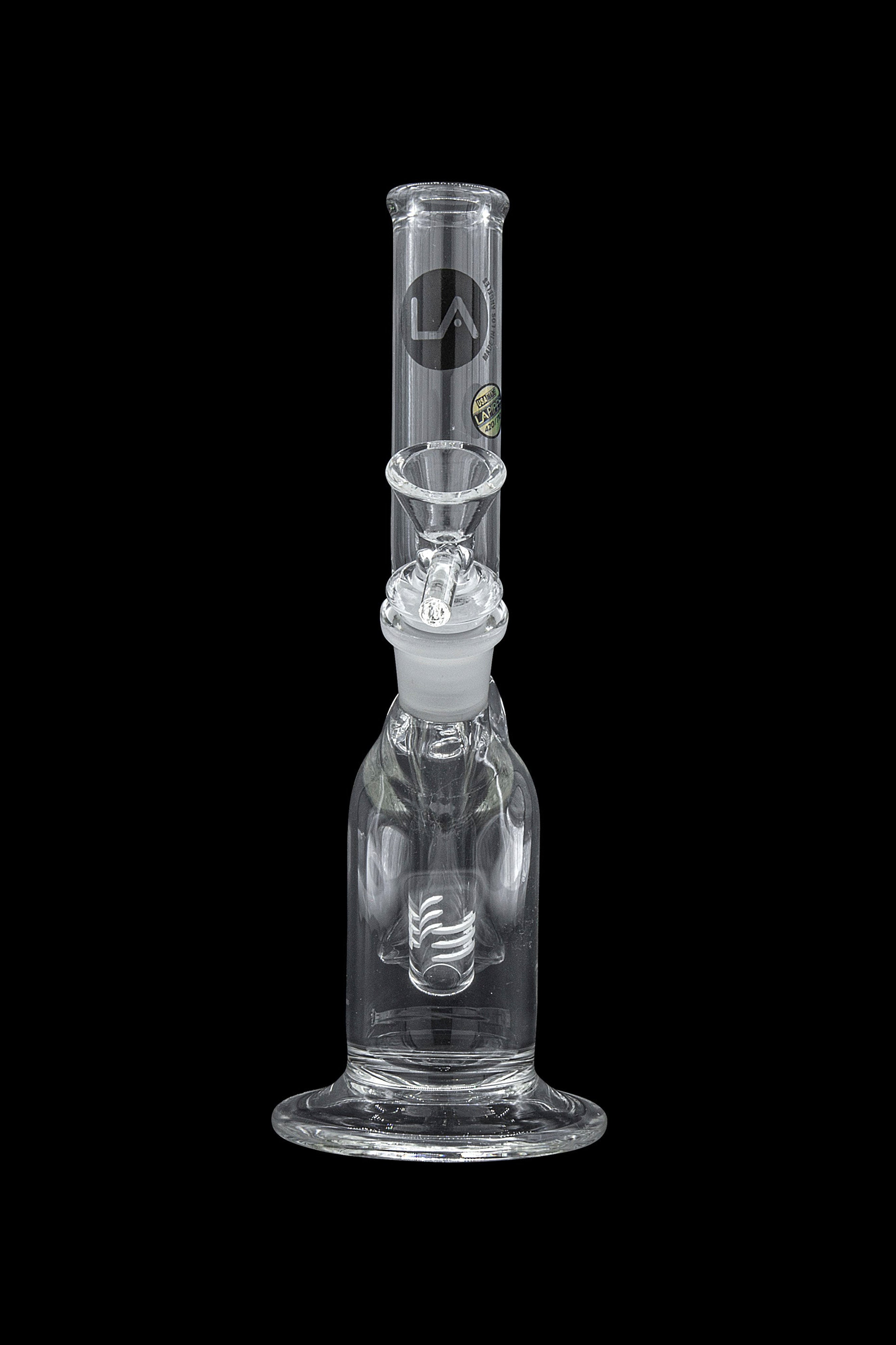 Clear glass water pipe (bong) with ice catch and branded logo.
