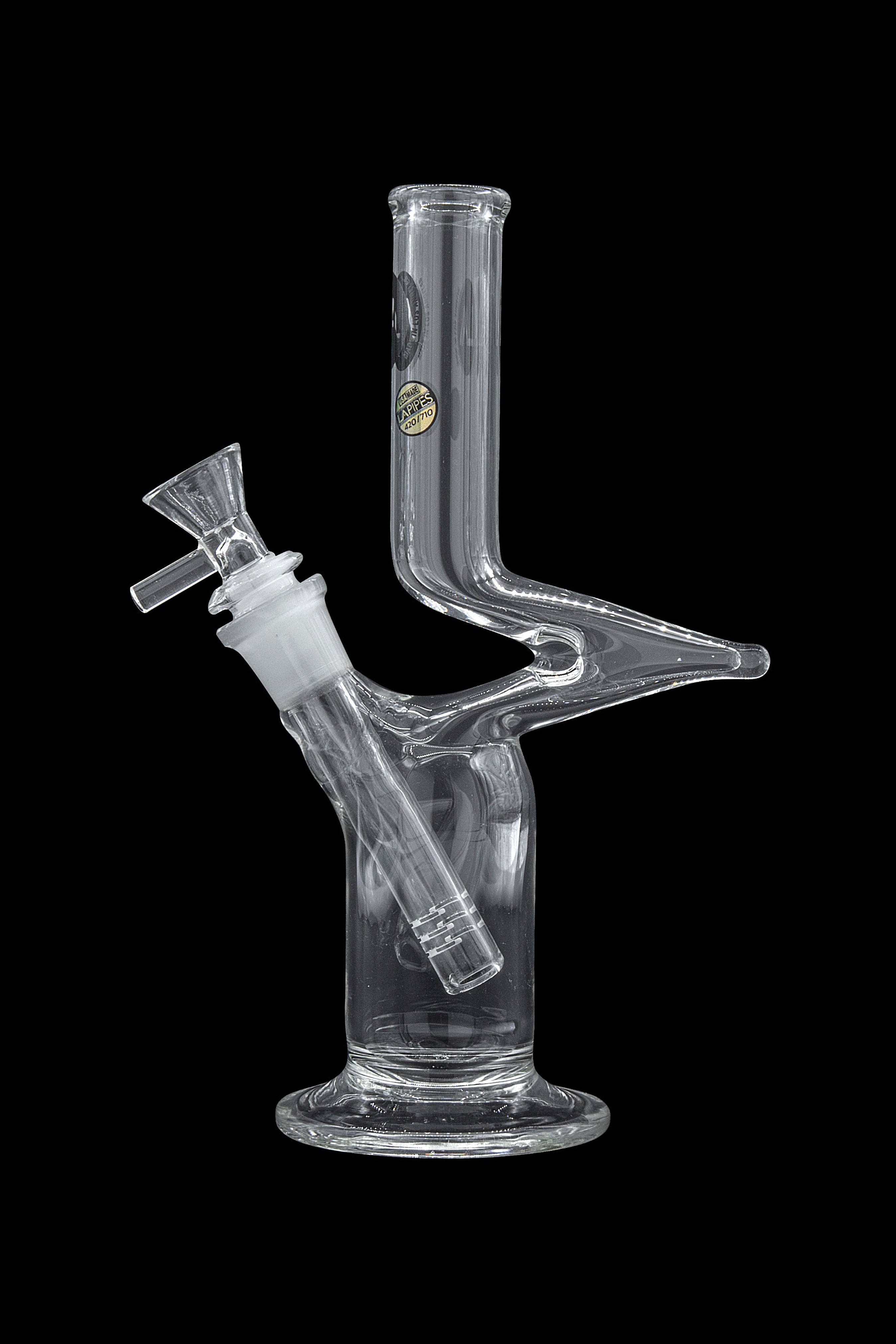 Clear glass water pipe (bong) with angled neck and removable downstem.
