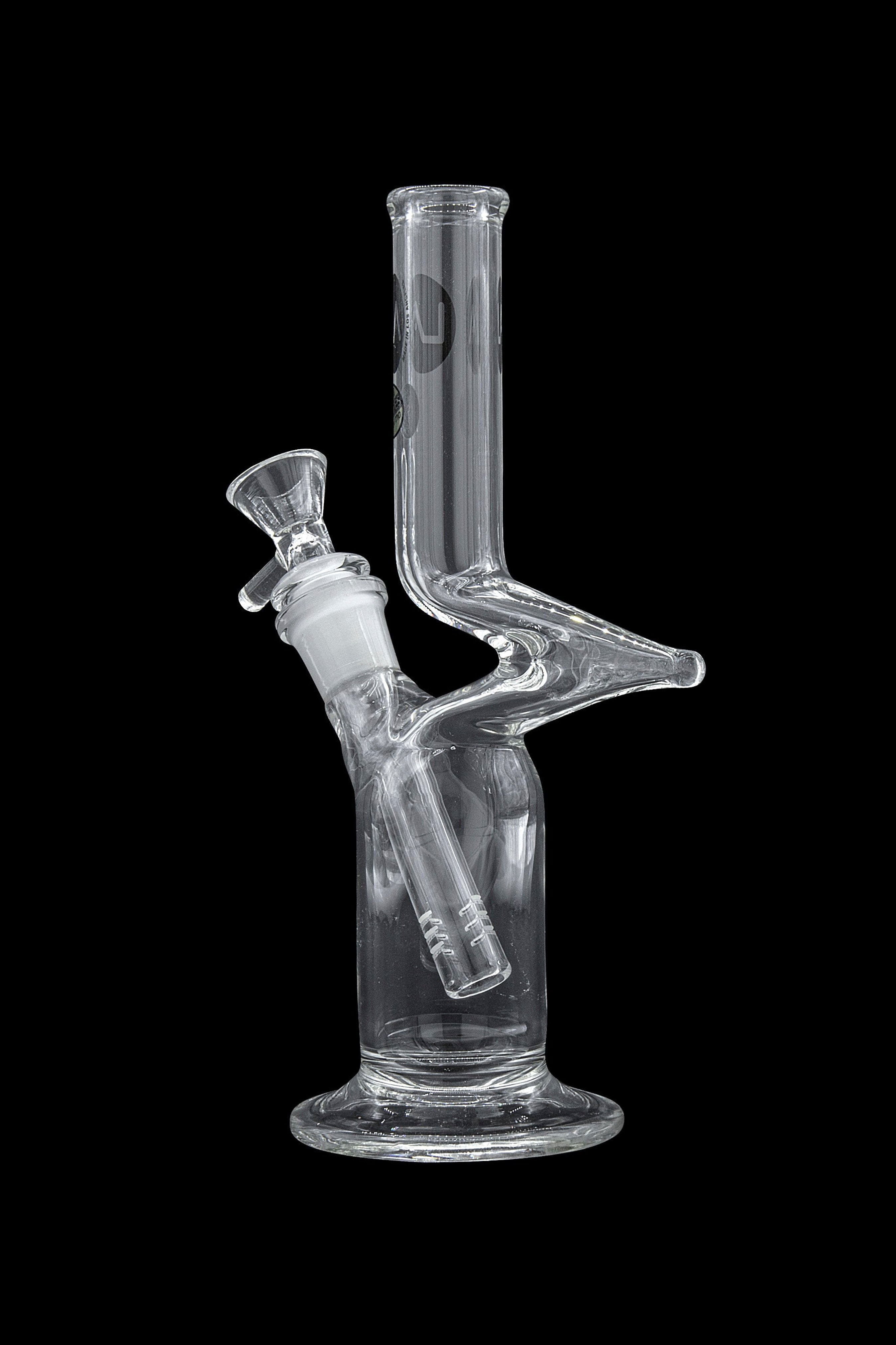 Clear glass bong with intricate curves and a removable bowl, isolated on a black background.
