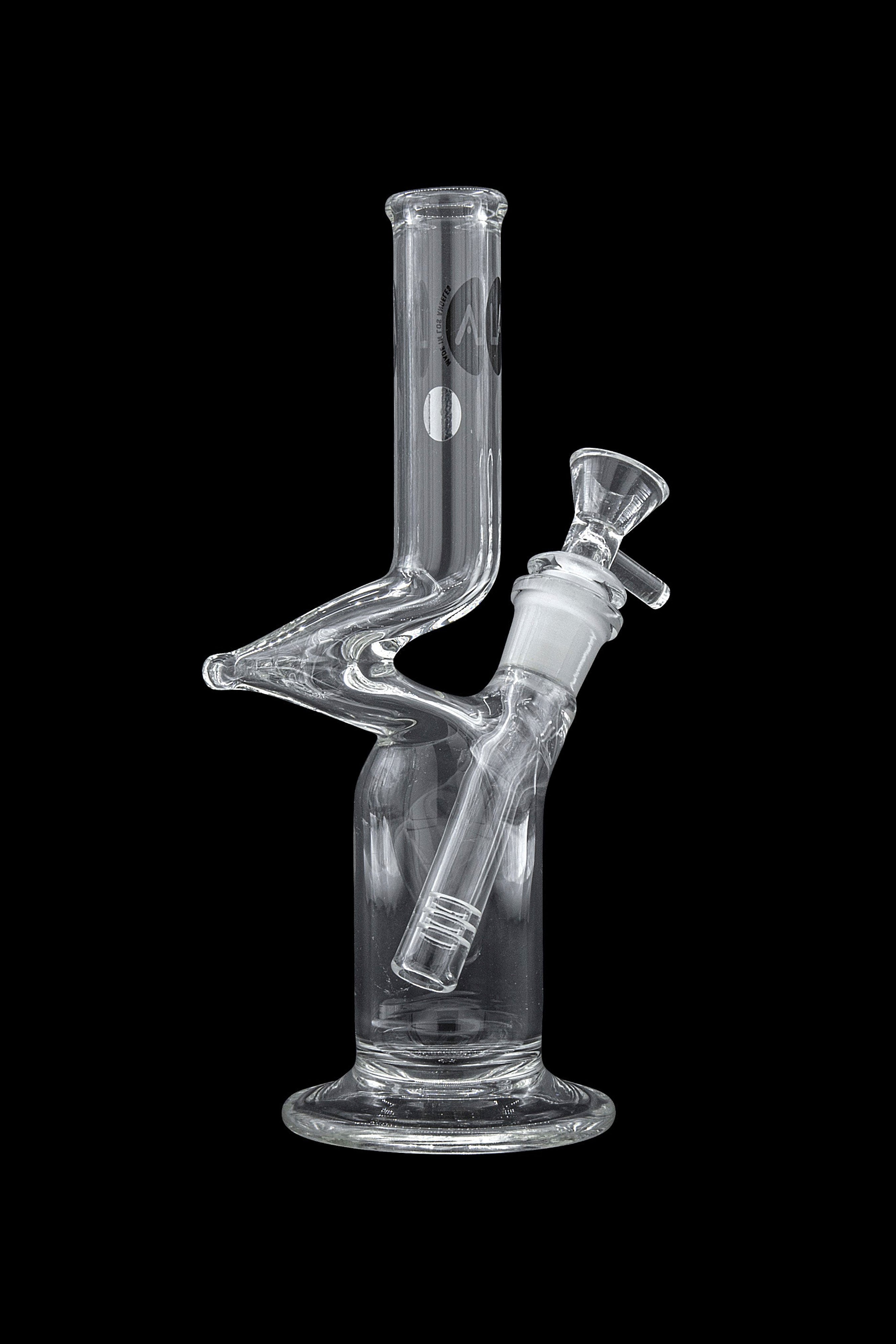 Clear glass bubbler water pipe with ice pinches, against a black background.