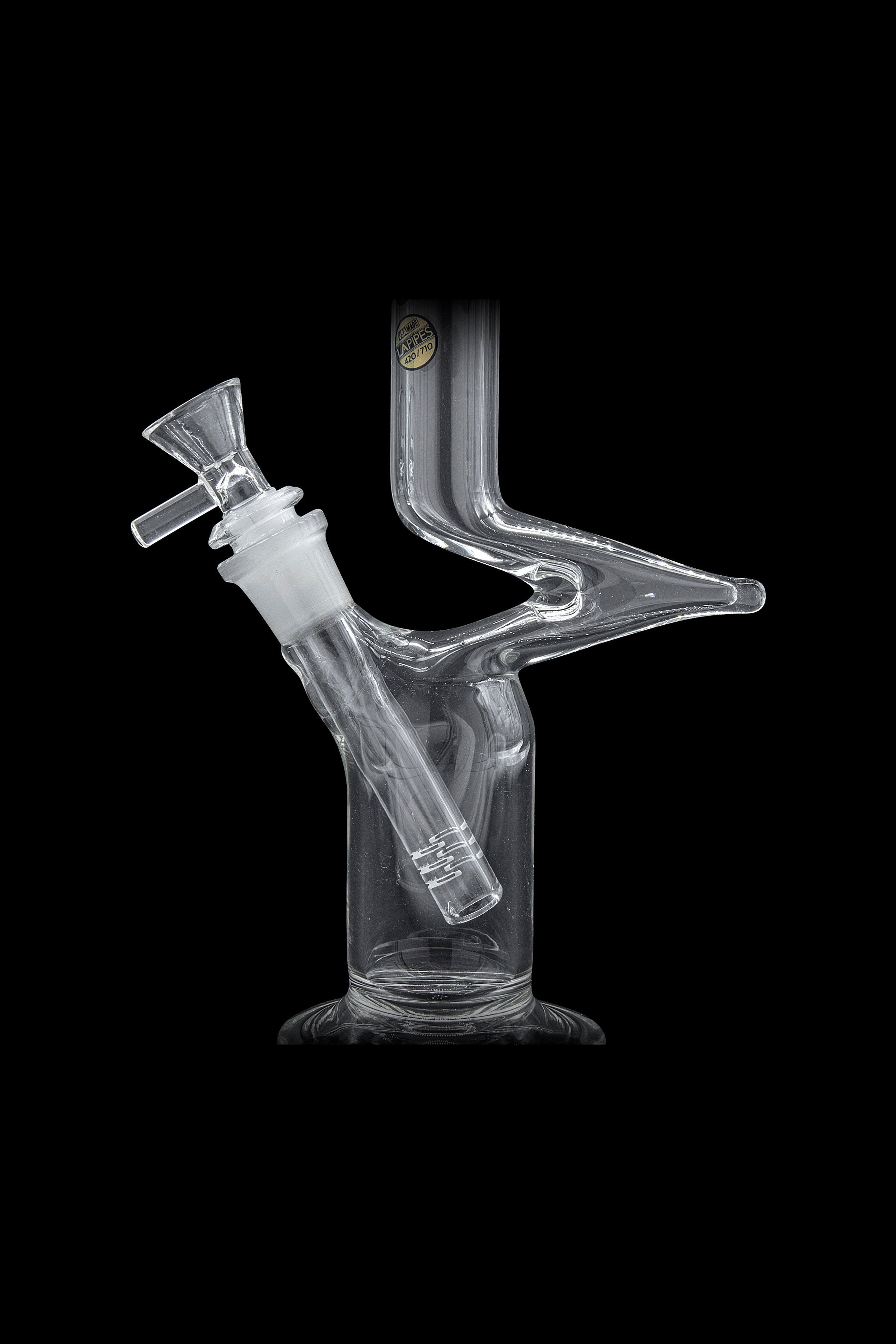 Clear glass bubbler water pipe for smoking, studio shot.