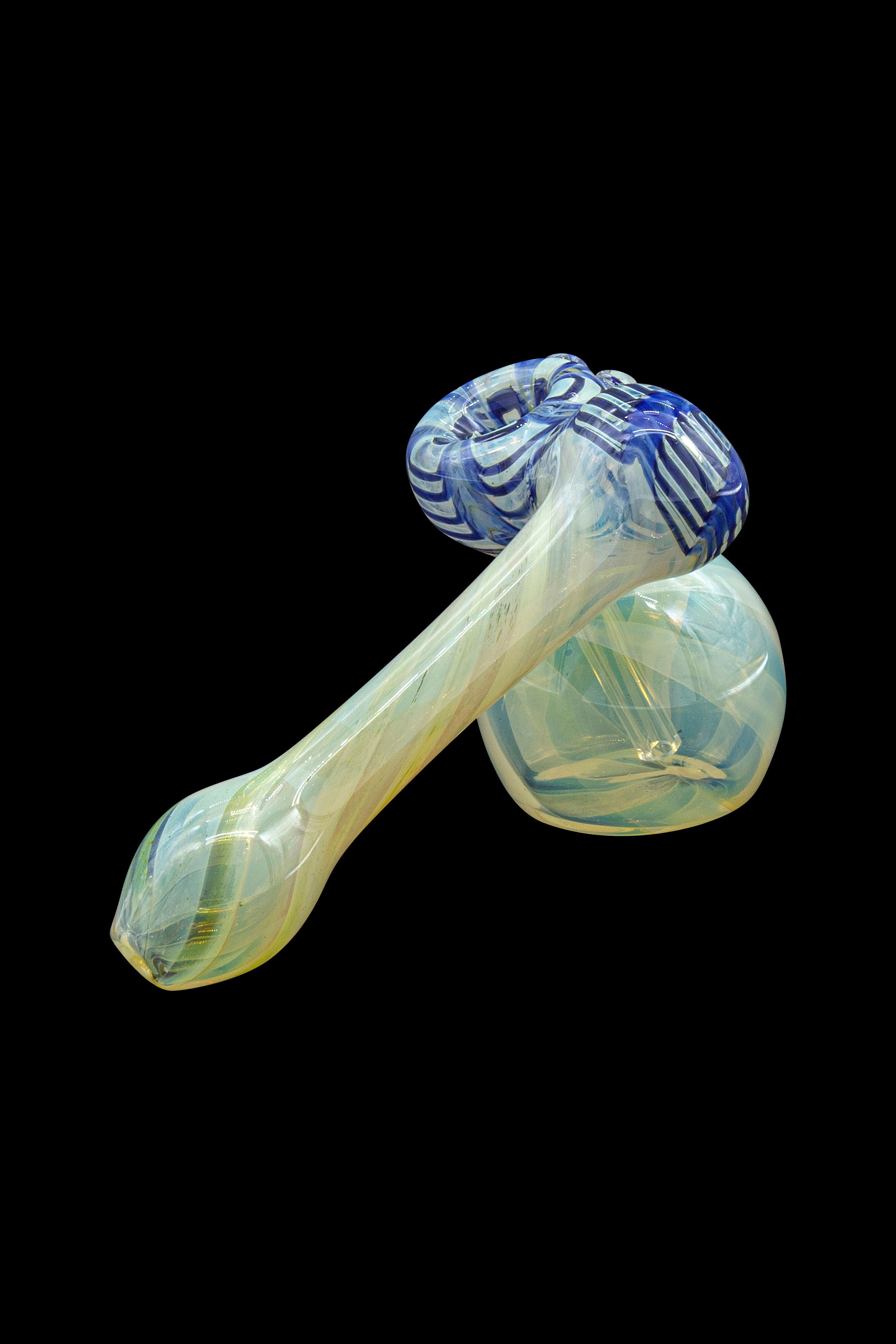 Hand-blown glass bubbler with swirling blue and iridescent yellow patterns, isolated on a black background.