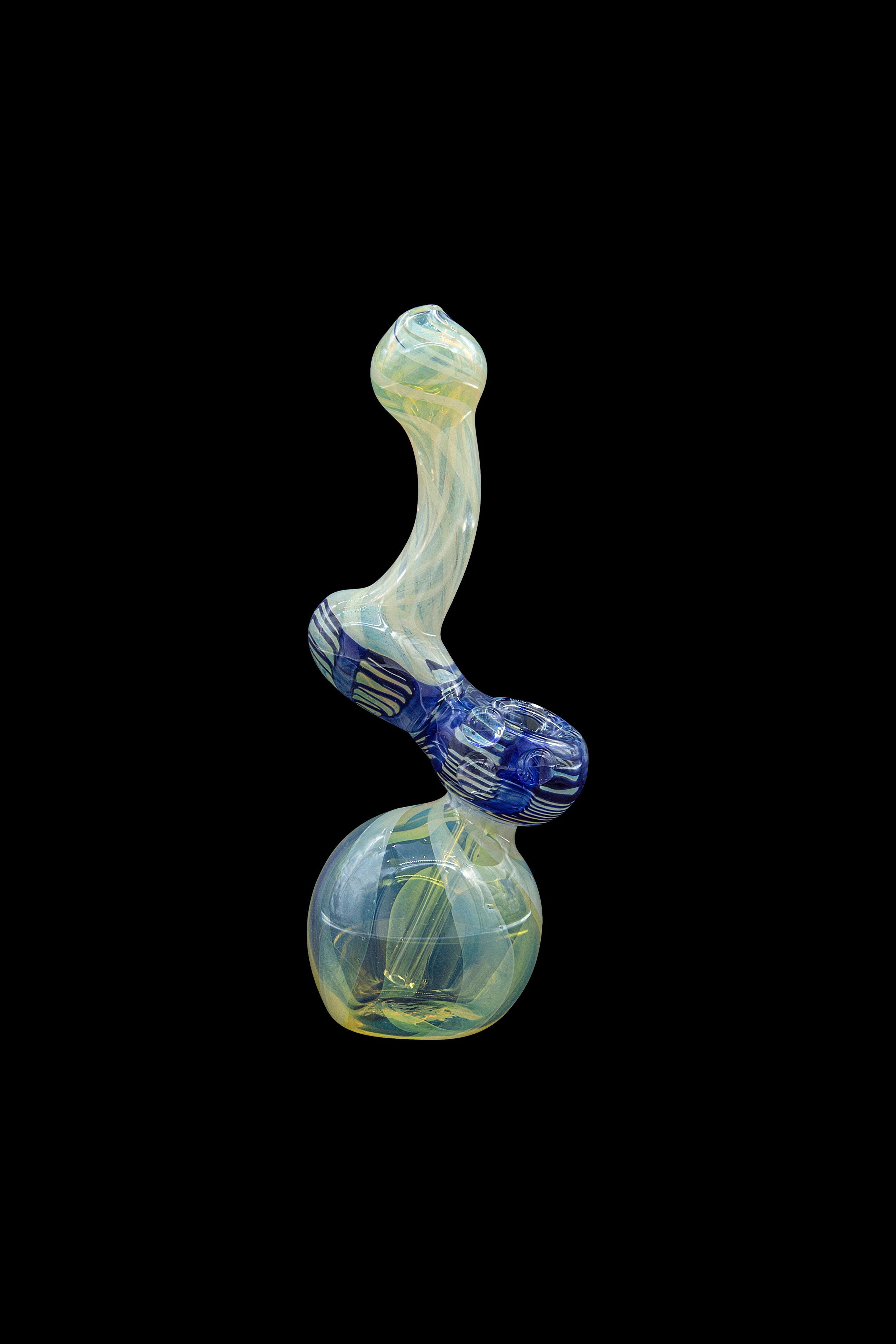 Hand-blown glass bubbler with swirling blue and iridescent yellow patterns, isolated on a black background.