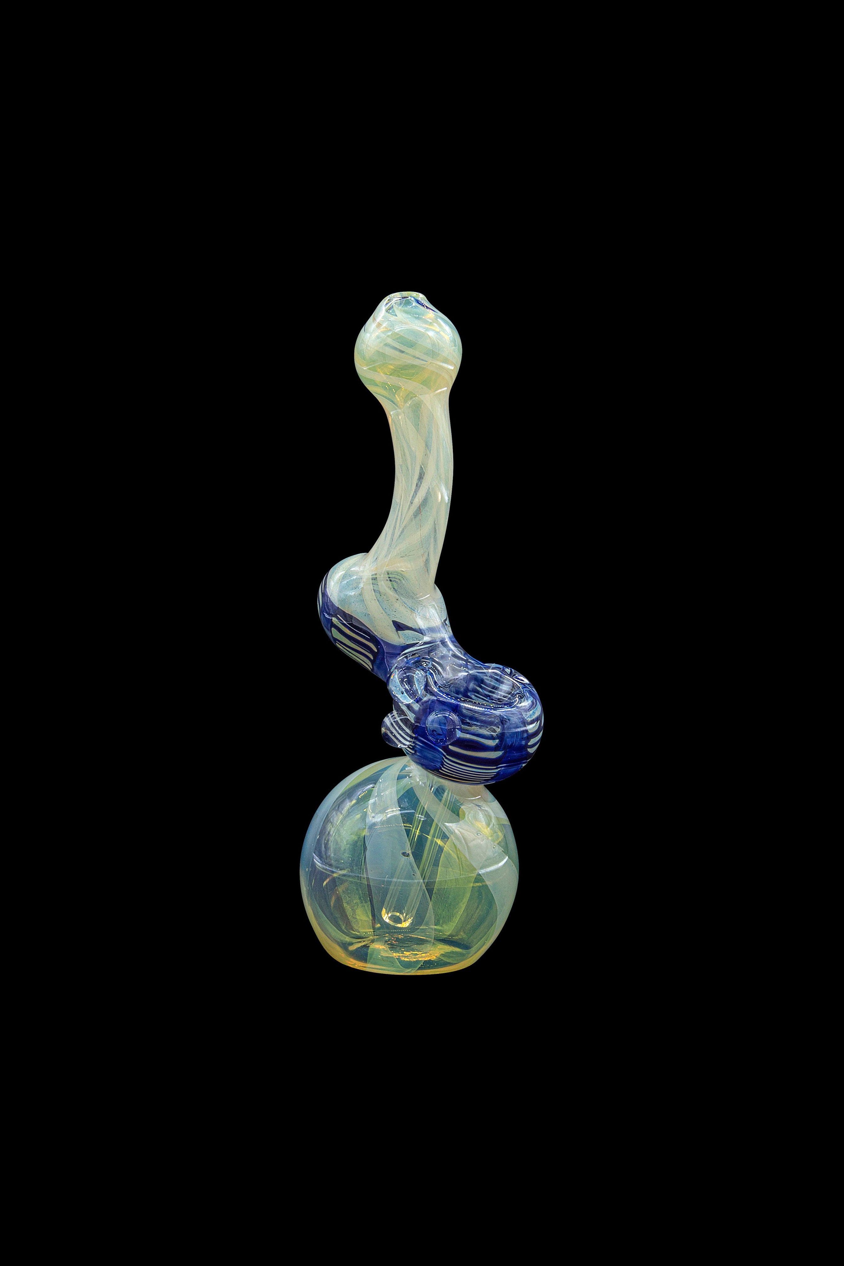 Hand-blown glass bubbler with iridescent blue and yellow swirls, isolated on a black background.