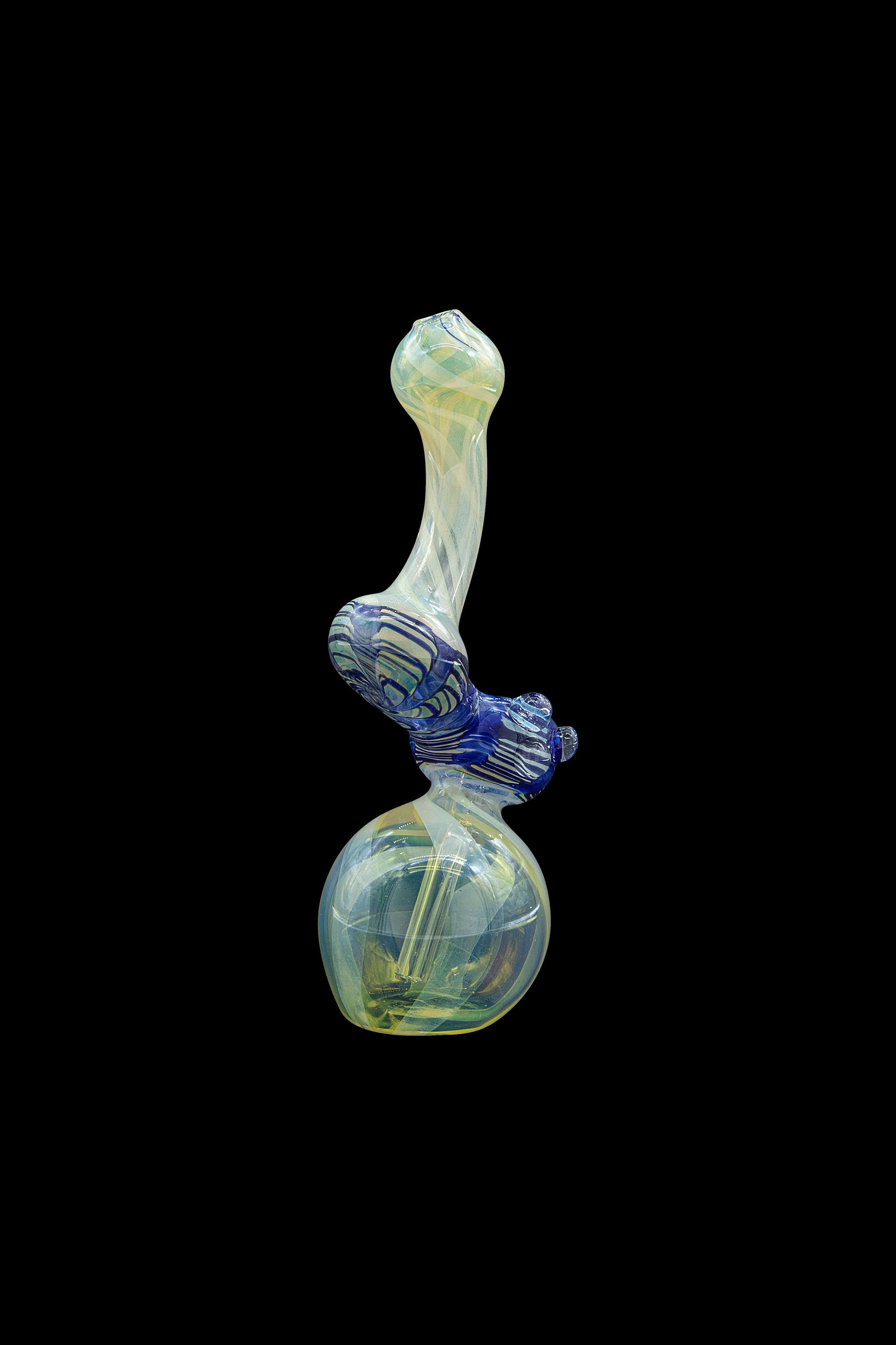 Hand-blown glass bubbler with blue and green swirls, against a black background.