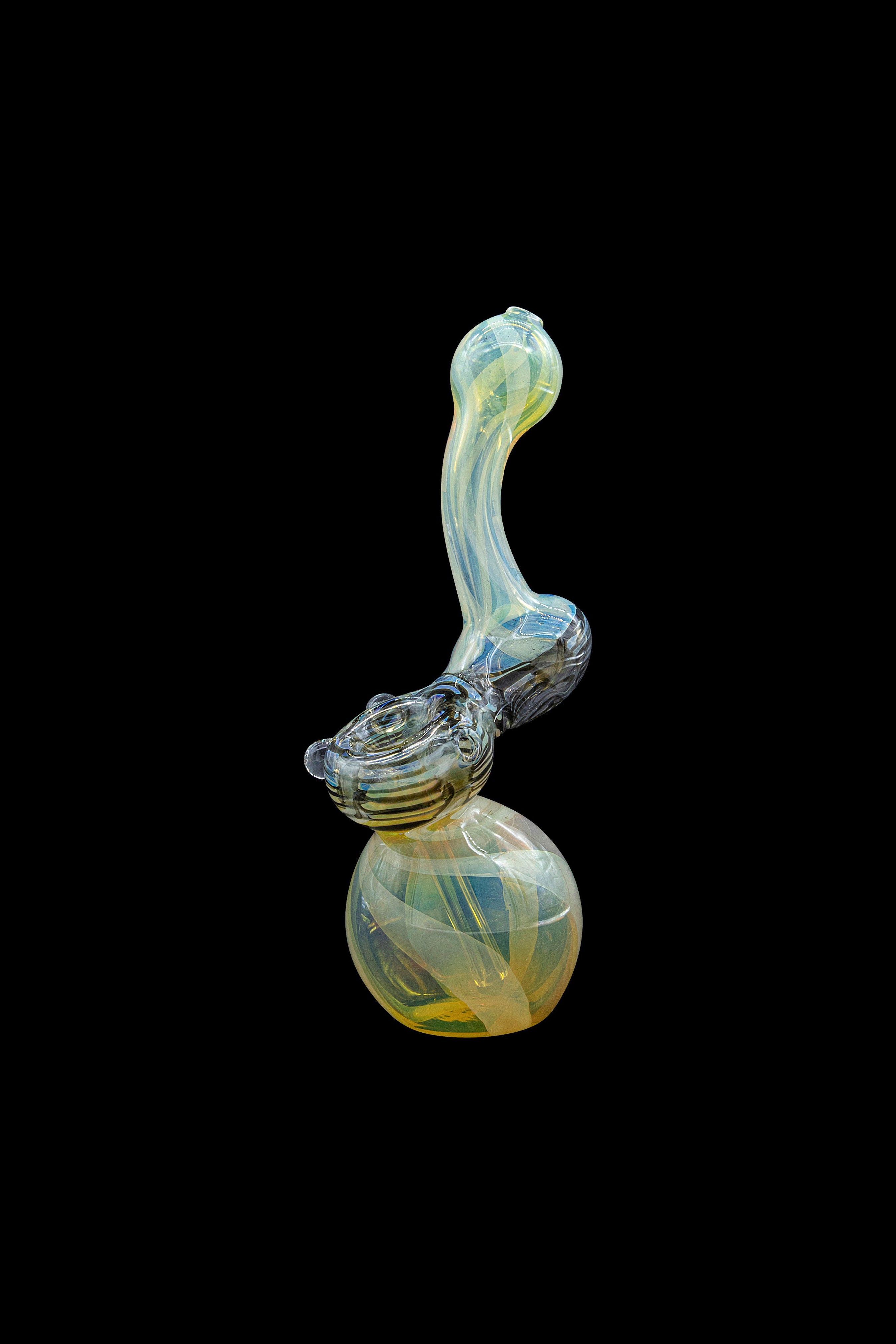 Hand-blown glass bubbler with iridescent yellow and blue swirls.